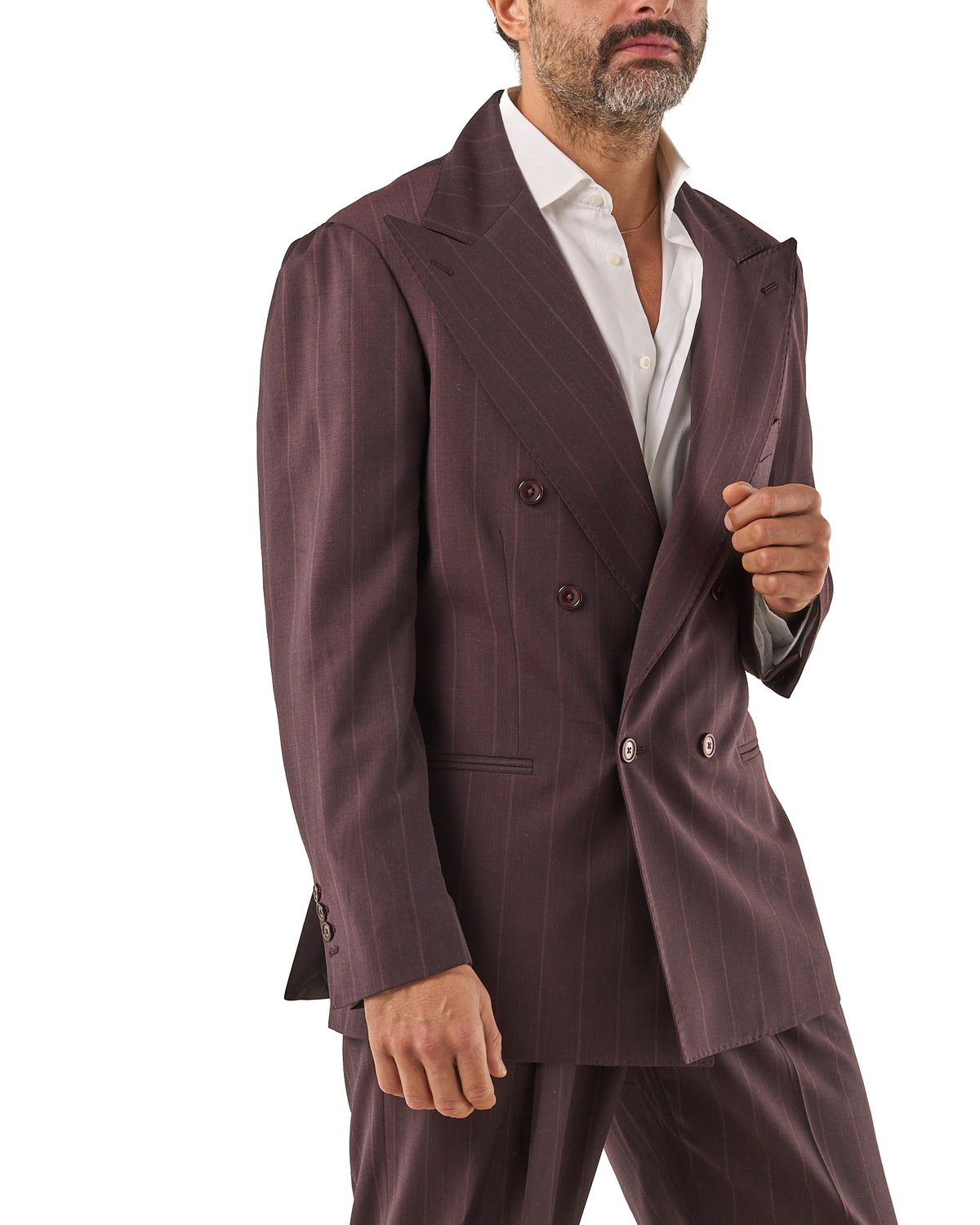 Chaqueta color ciruela con rayas finas en beige