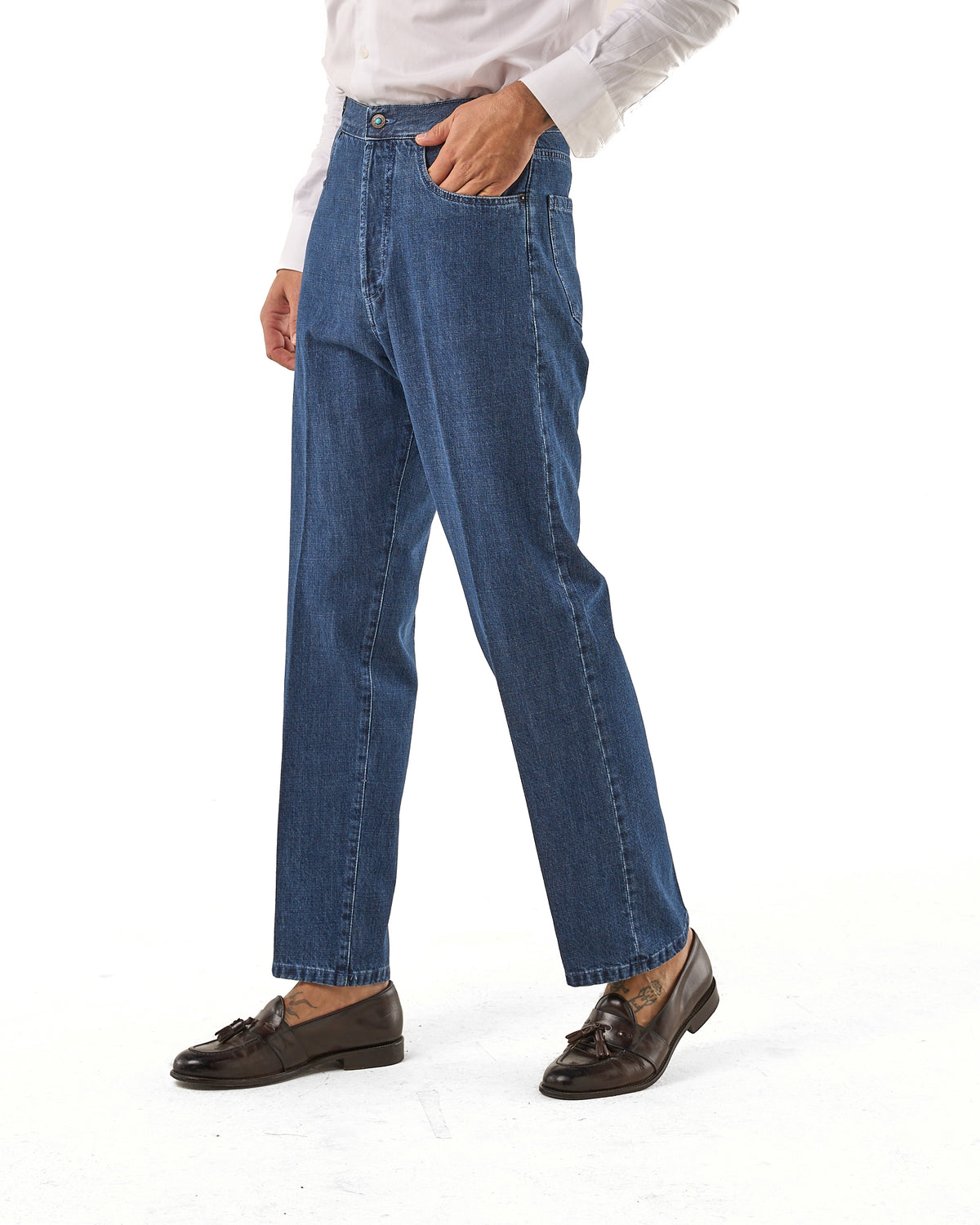 Jeans Vita Alta Fondo Ampio e Fibbie Laterali Blu Medio