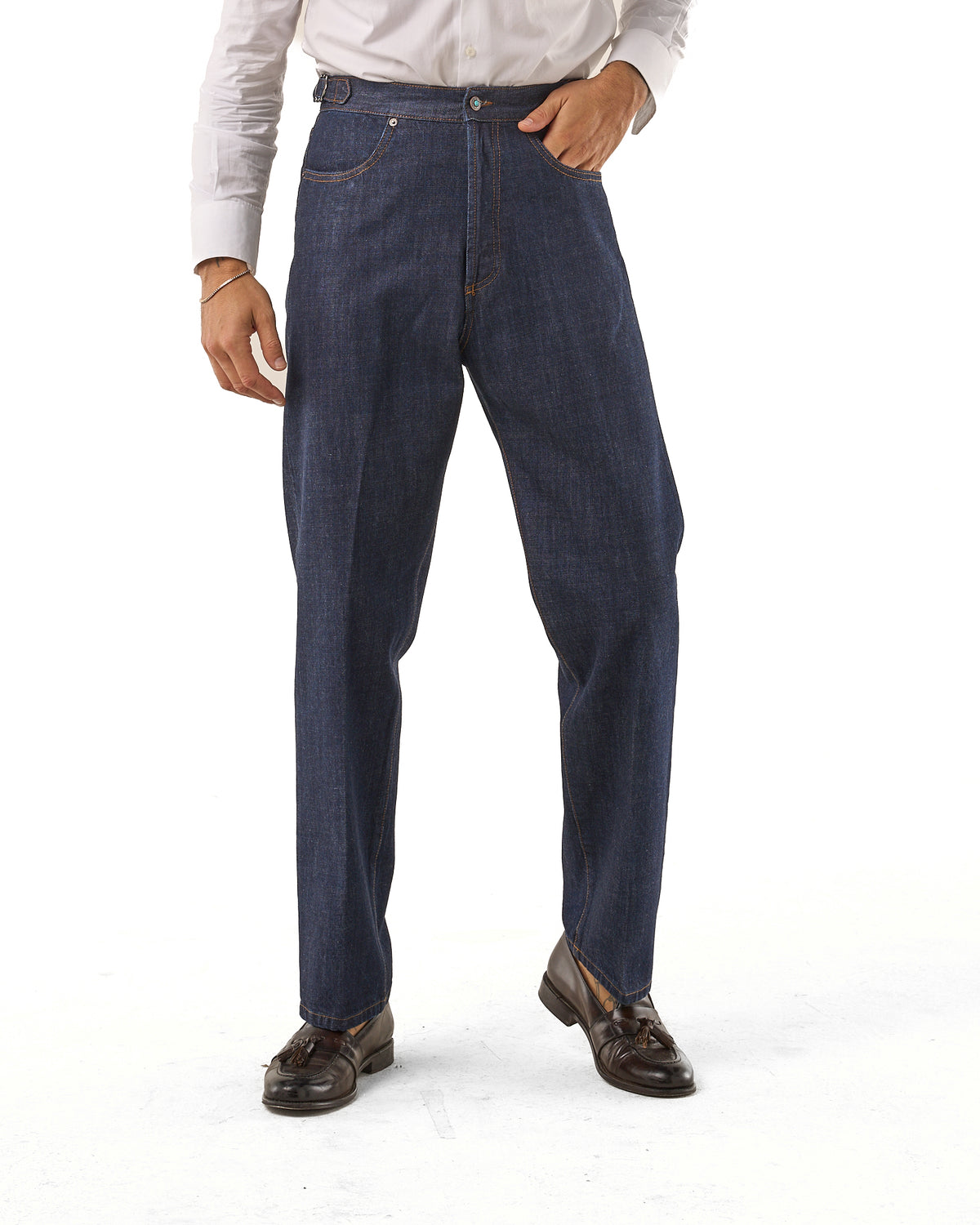 Jeans Vita Alta Fondo Ampio e Fibbie Laterali Lavaggio Zero