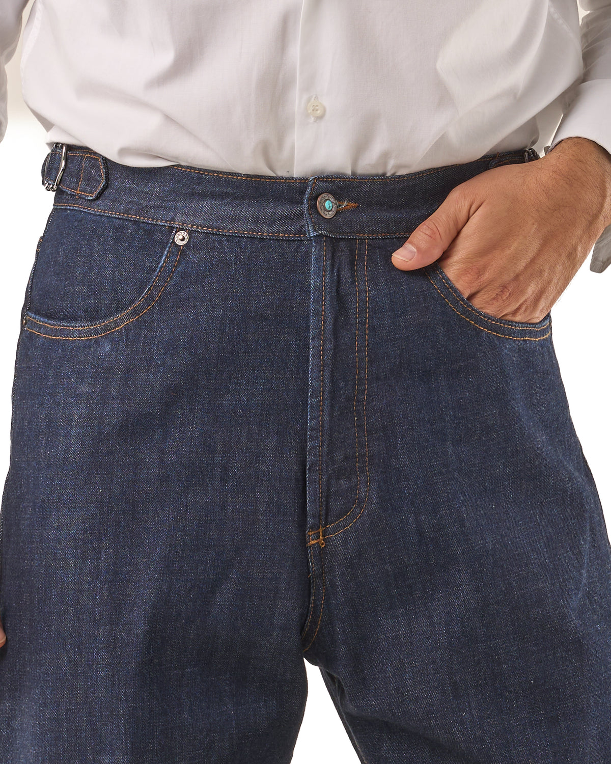 Jeans Vita Alta Fondo Ampio e Fibbie Laterali Lavaggio Zero