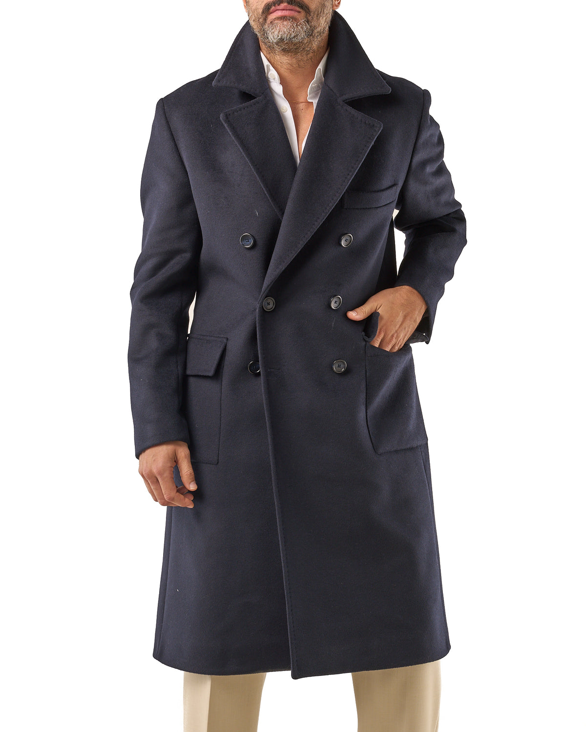 Double-Breasted Wool Coat with Blue Martingale