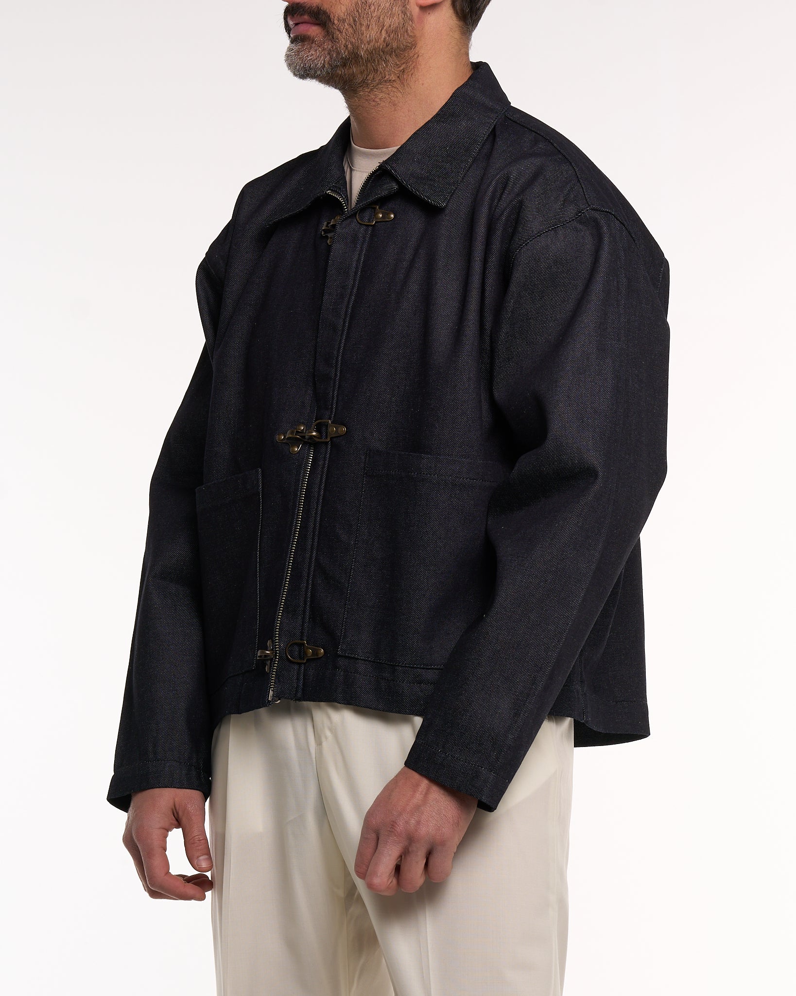Giacca Cropped con Moschettoni in Denim Scuro