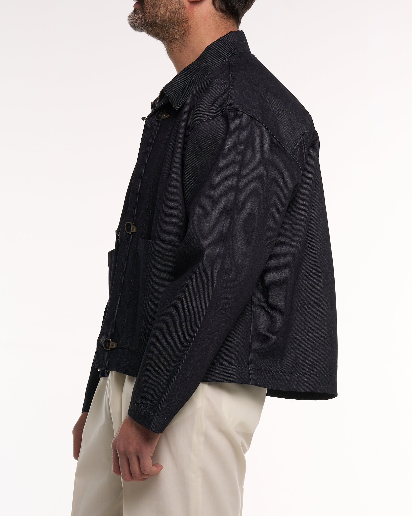 Giacca Cropped con Moschettoni in Denim Scuro
