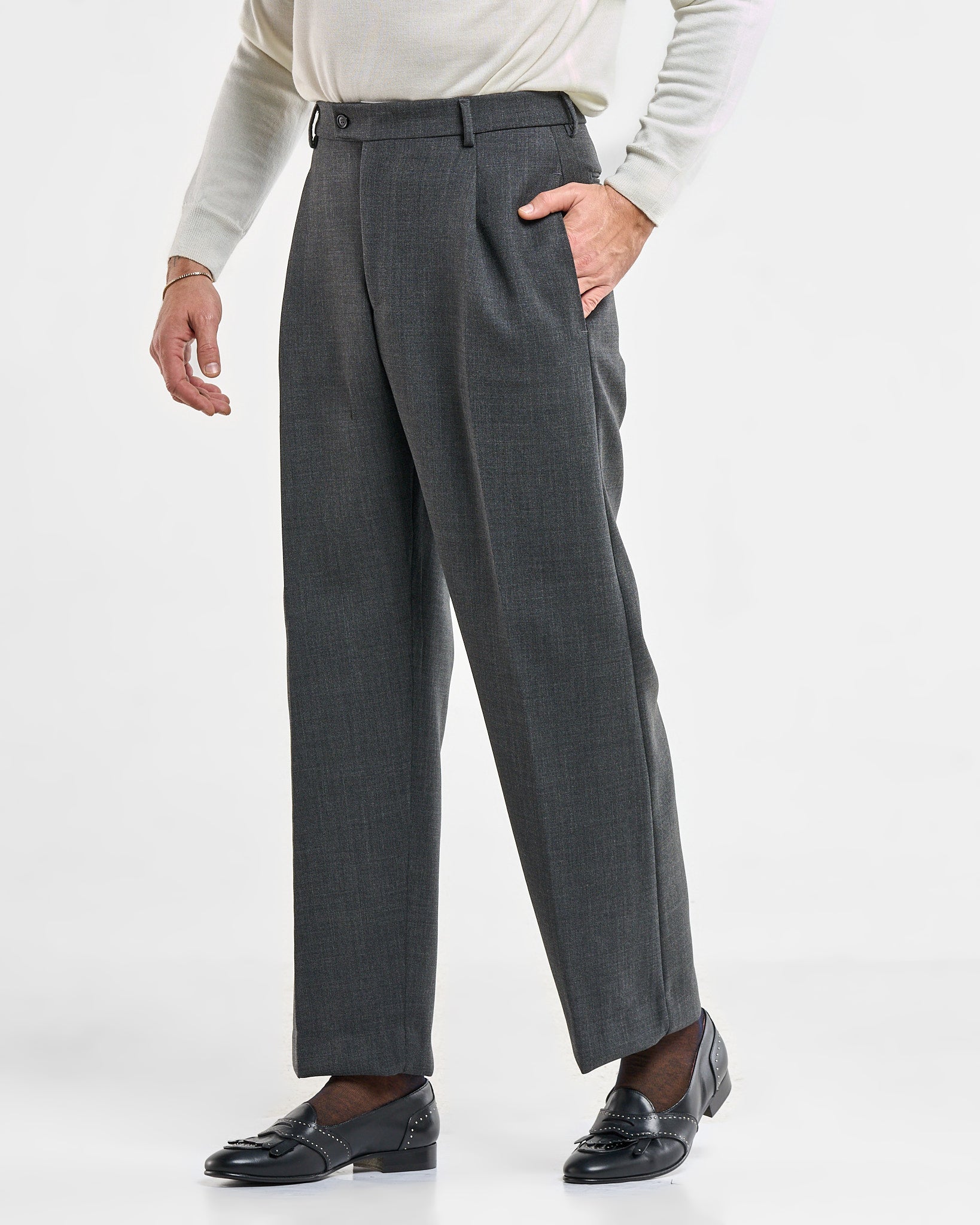 Pantalone Fondo Ampio Senza Piega Diagonale Grigio