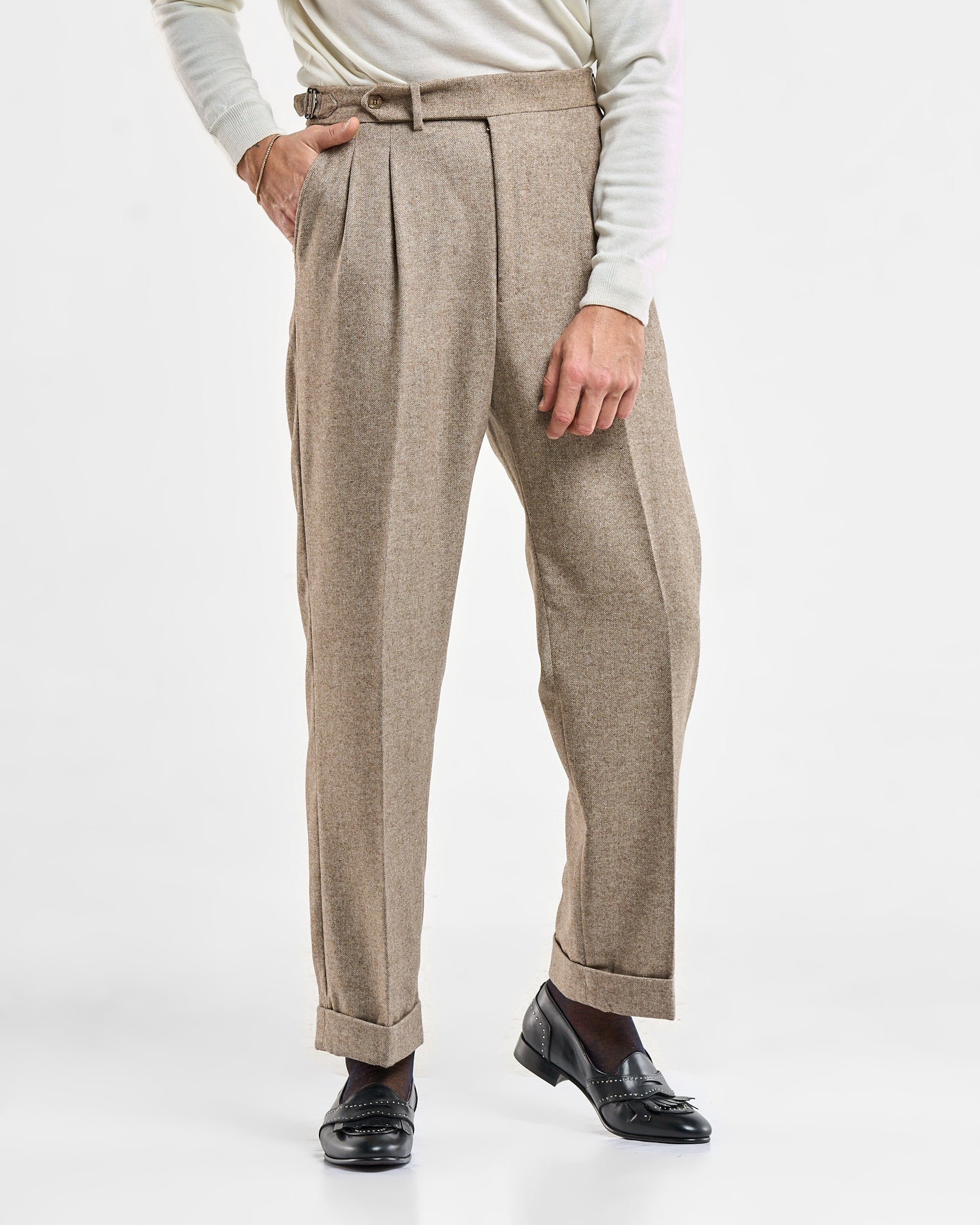 Pantalone Fondo Ampio e Fibbie Laterali in Flanella Spigata Beige St. Moritz