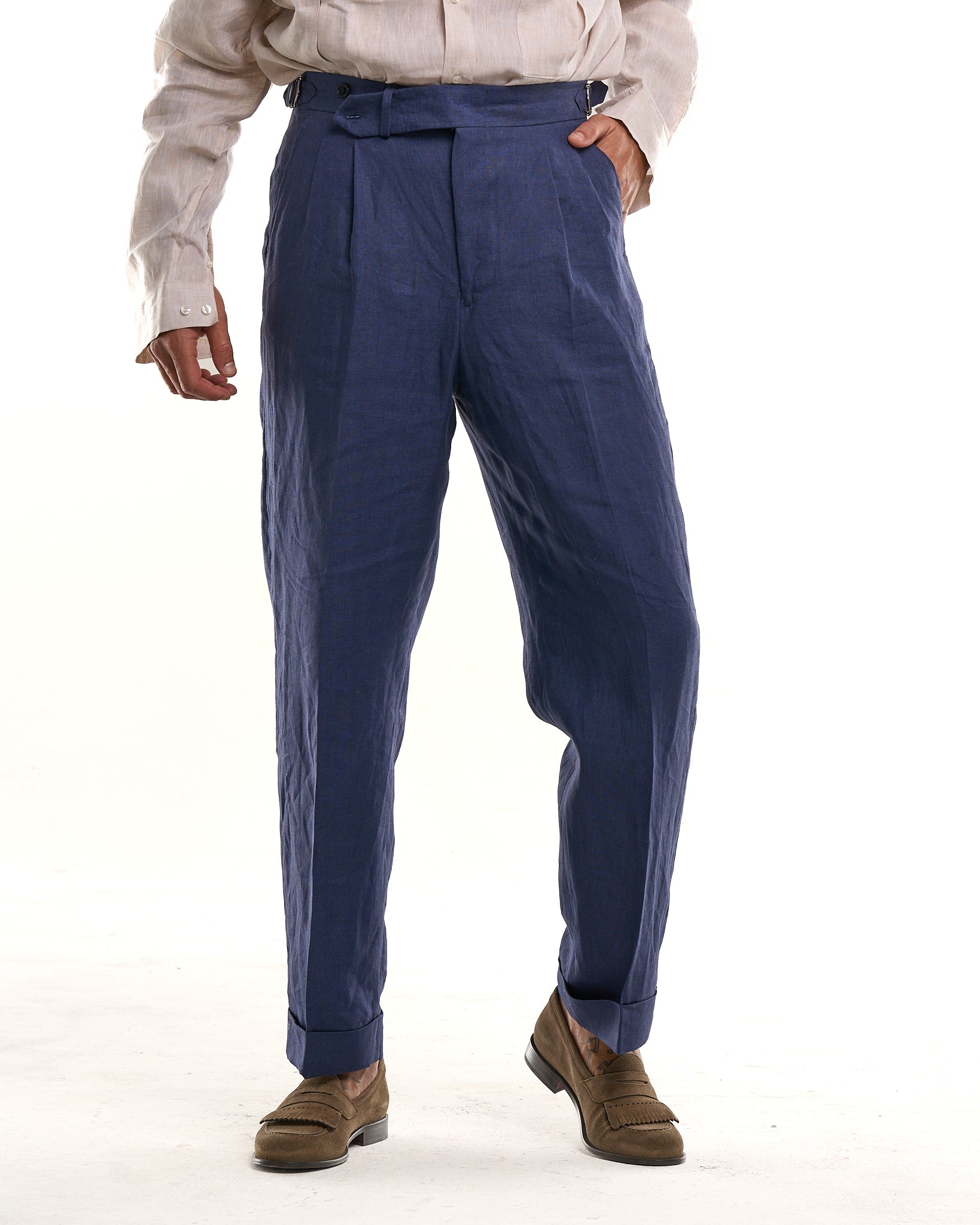 Pantalone Fondo Ampio e Fibbie Laterali in Lino Blu
