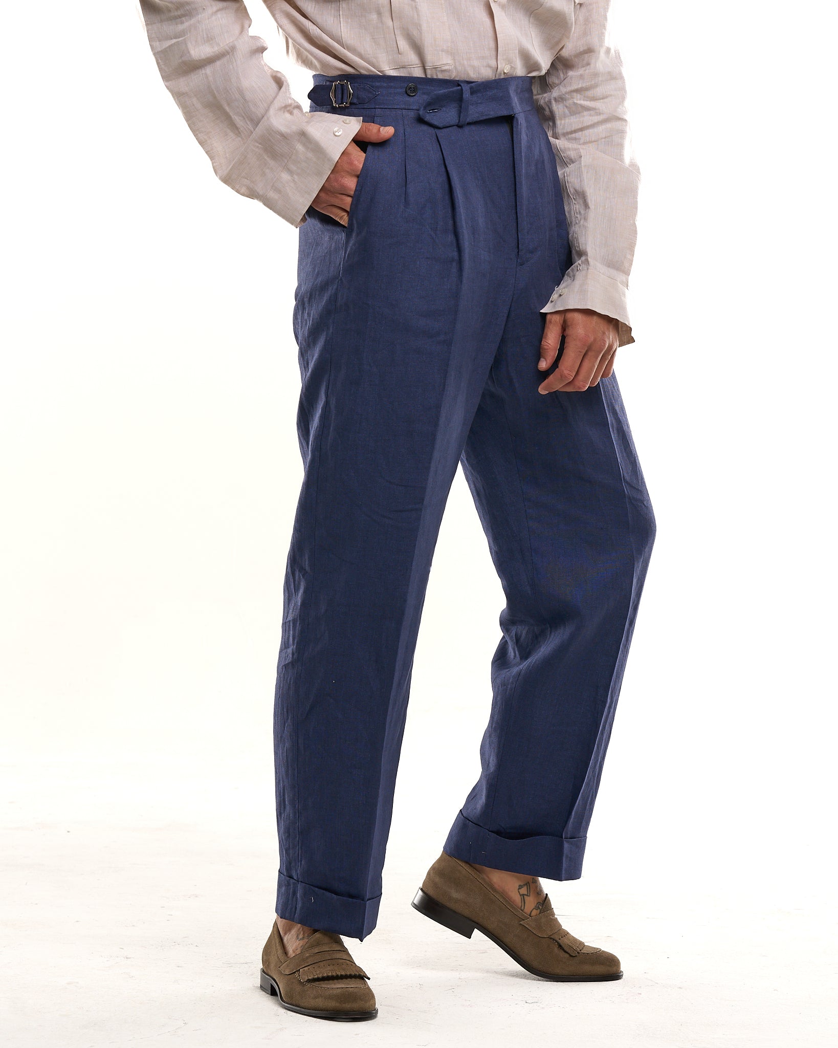 Pantalone Fondo Ampio e Fibbie Laterali in Lino Blu