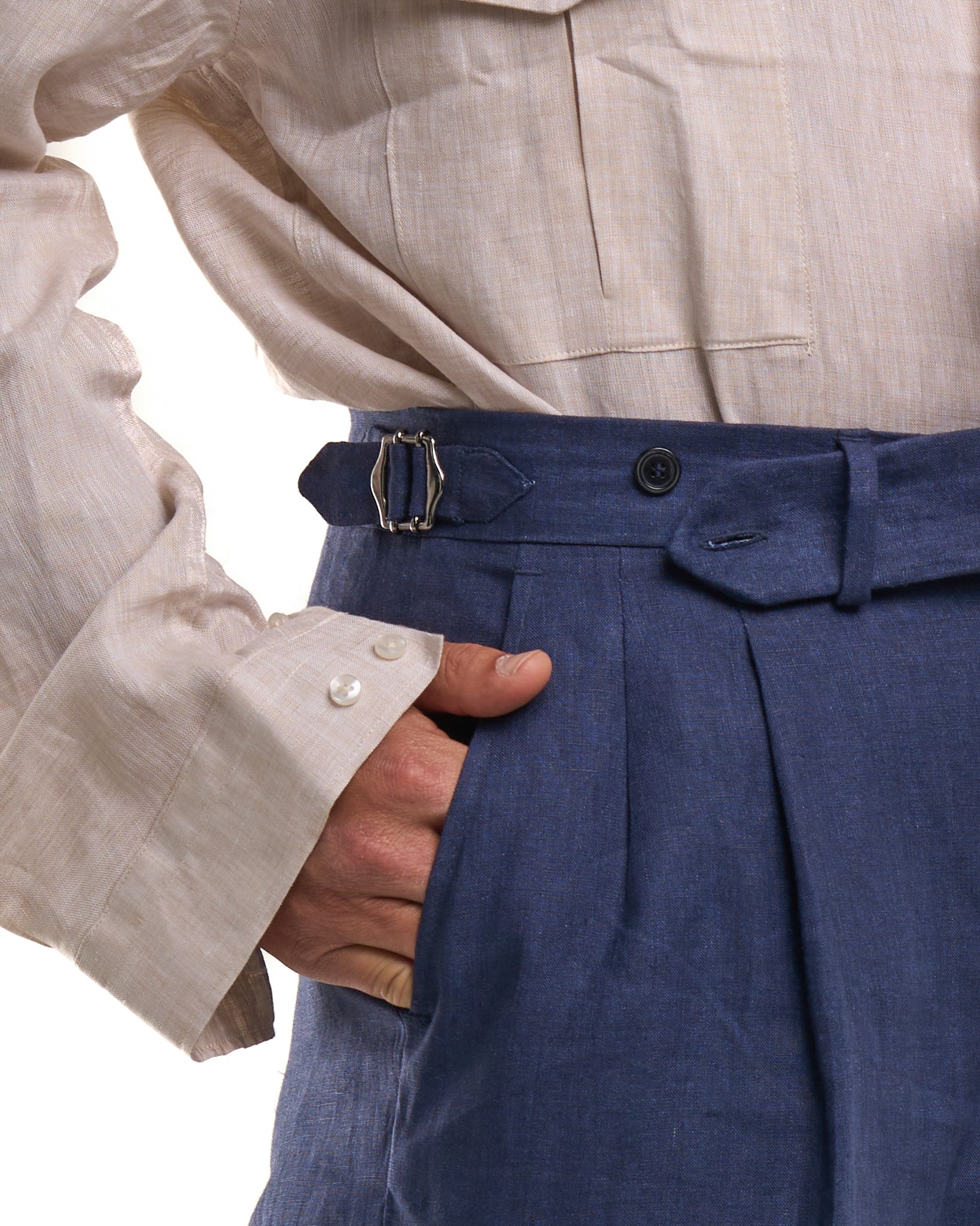 Pantalone Fondo Ampio e Fibbie Laterali in Lino Blu