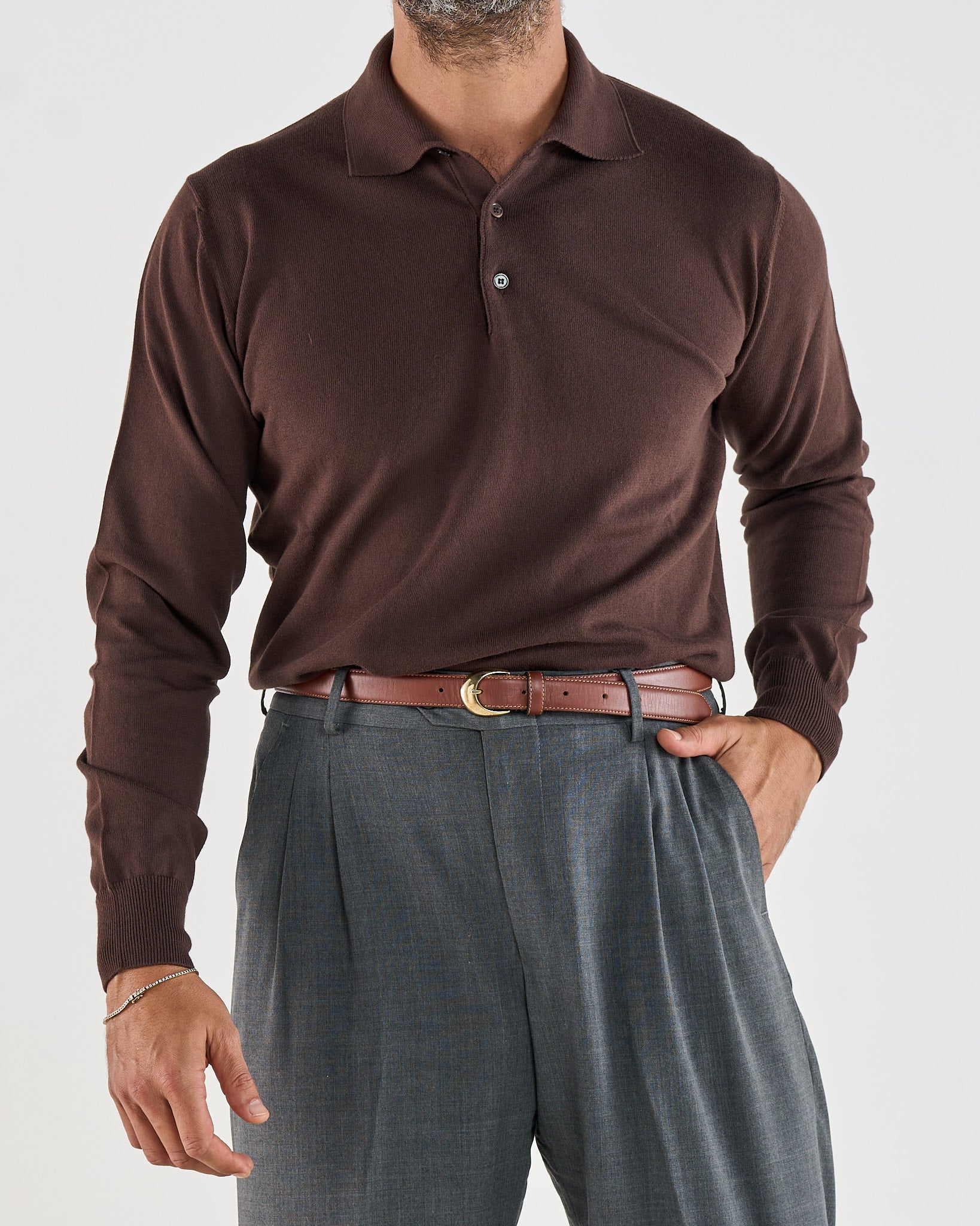 Polo Manica Lunga Tre Bottoni Moro