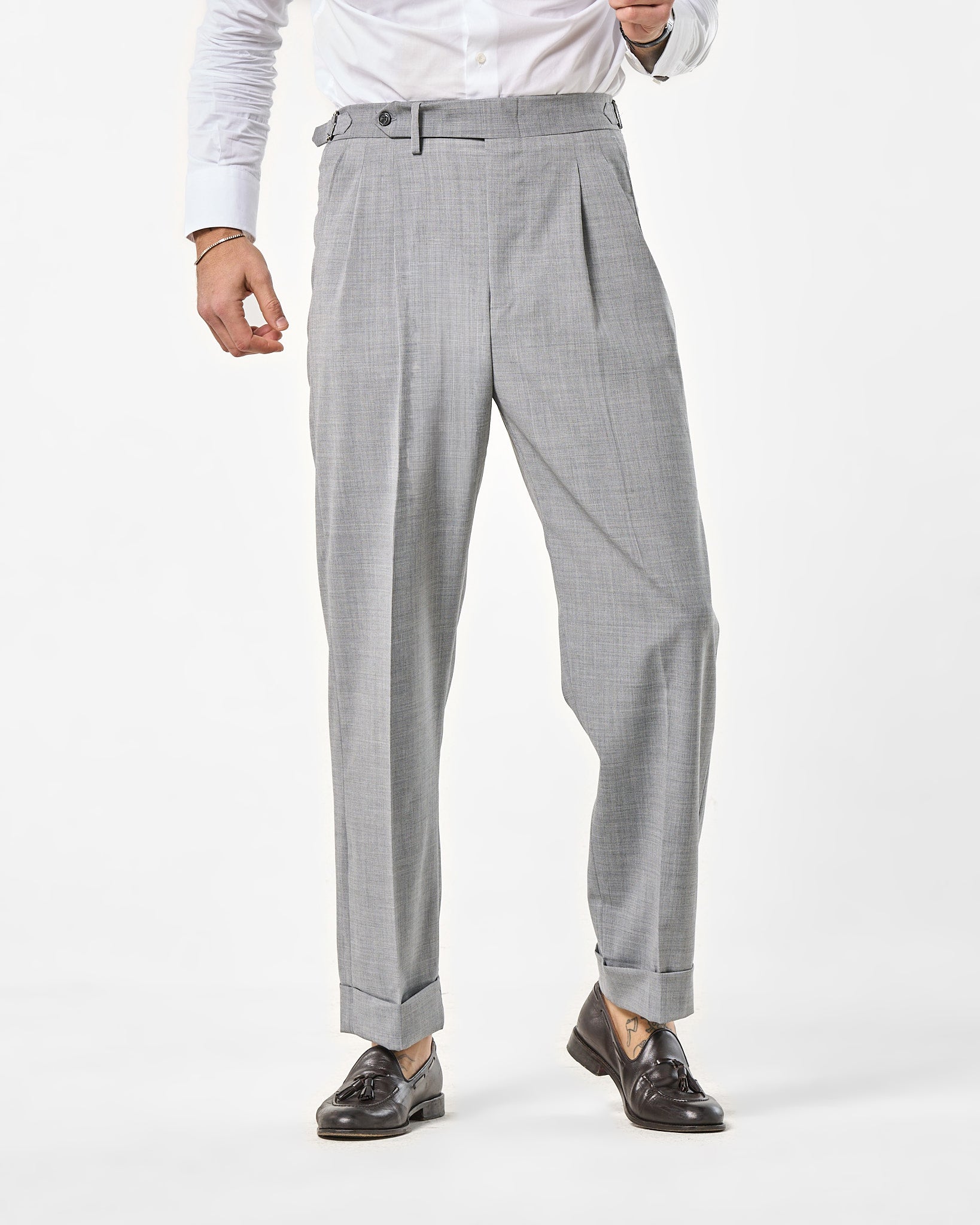 Pantalone Fondo Ampio e Fibbie Laterali Grigio Wall Street