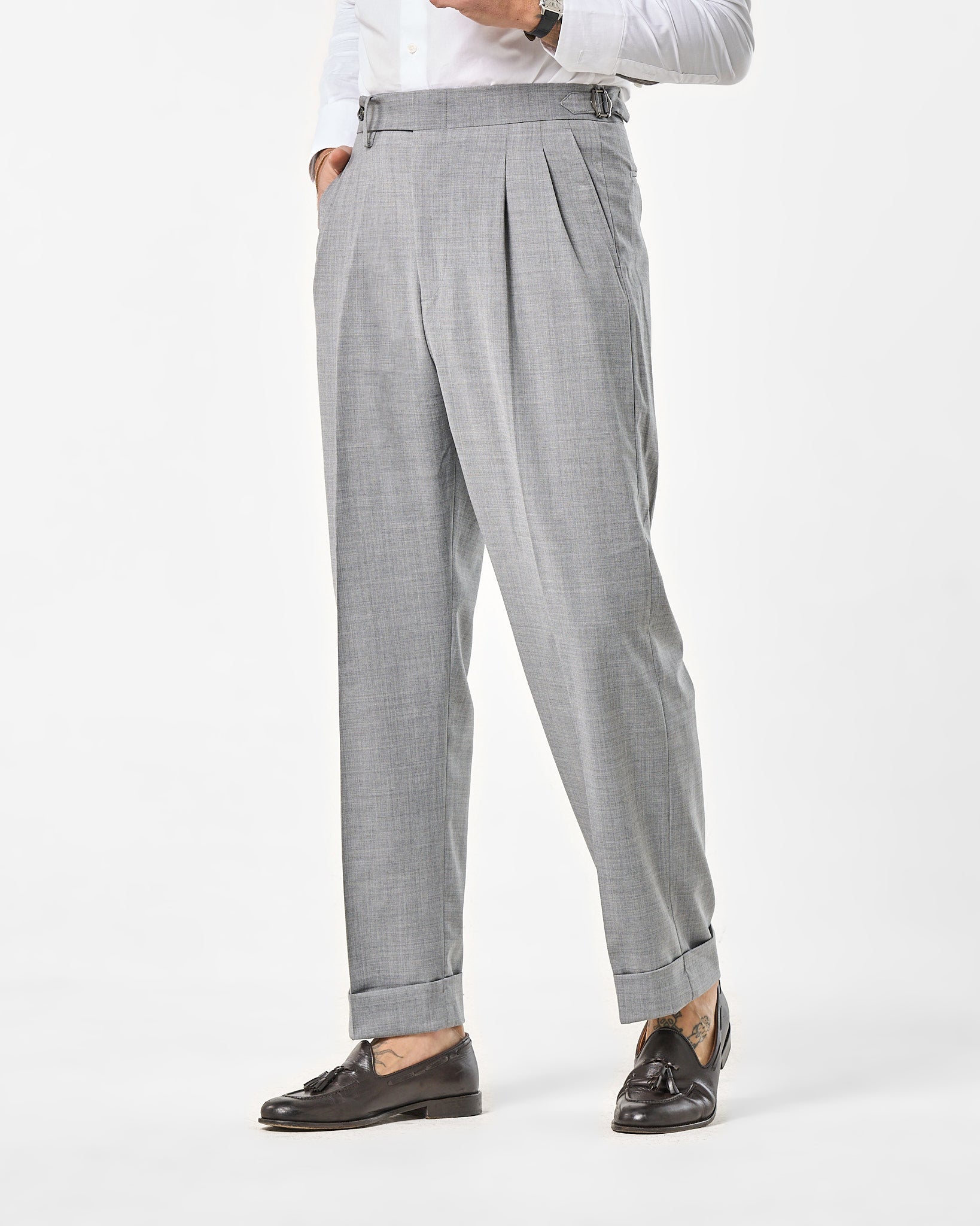 Pantalone Fondo Ampio e Fibbie Laterali Grigio Wall Street