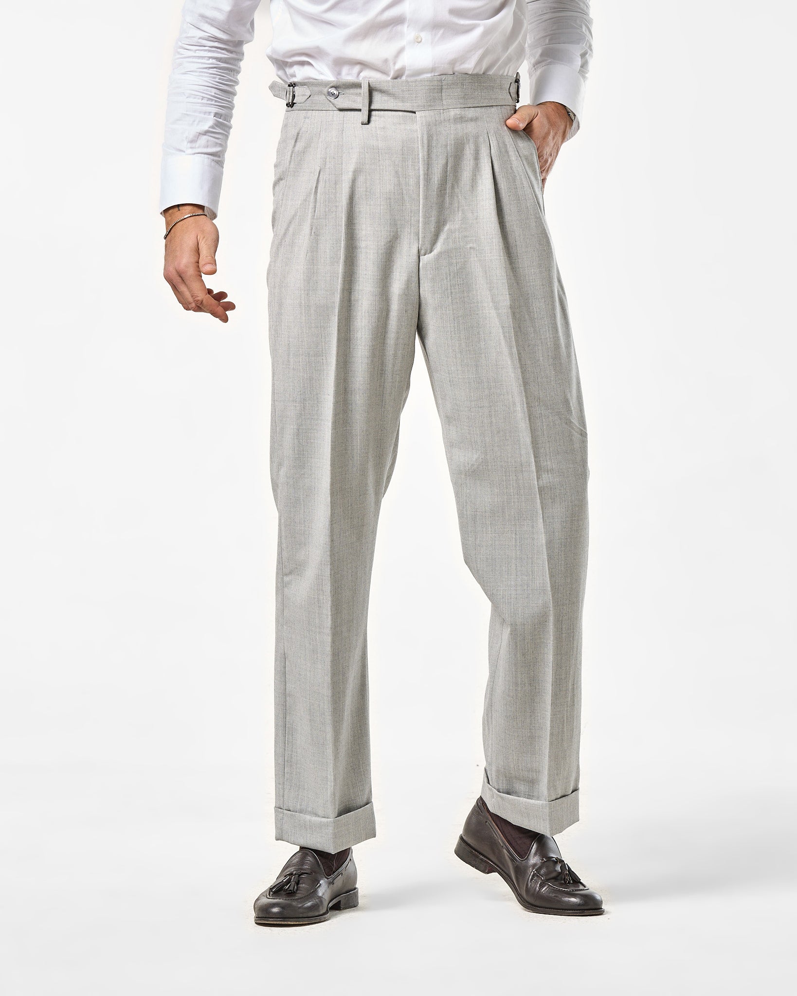 Pantalone Fondo Ampio e Fibbie Laterali in Lana Foulè Grigio