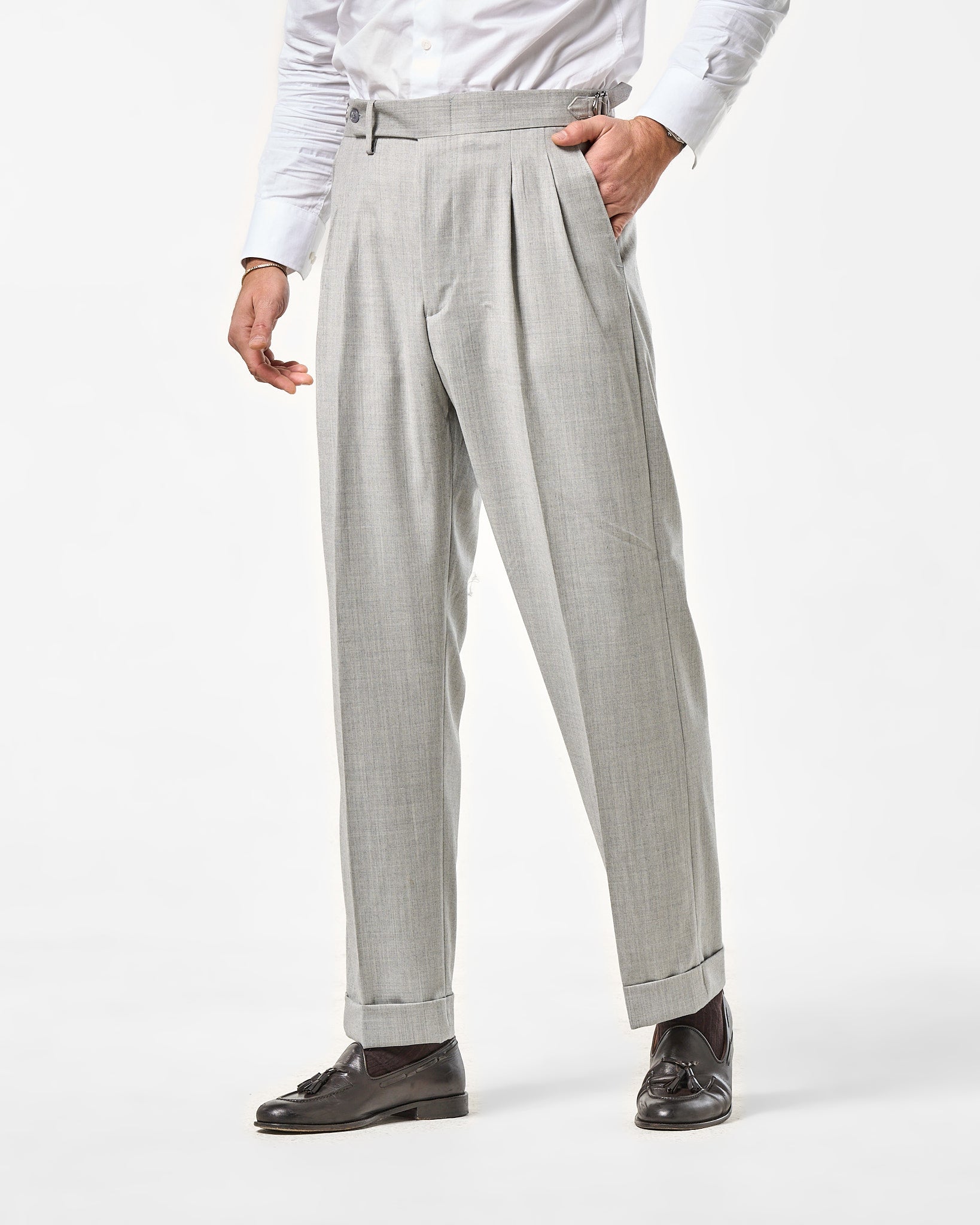 Pantalone Fondo Ampio e Fibbie Laterali in Lana Foulè Grigio