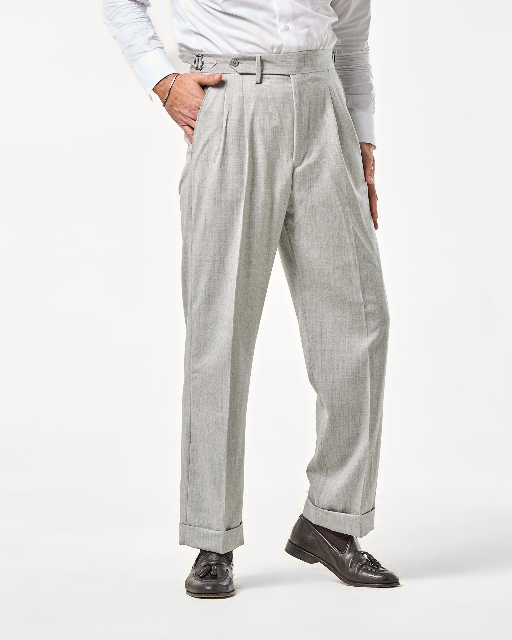 Pantalone Fondo Ampio e Fibbie Laterali in Lana Foulè Grigio