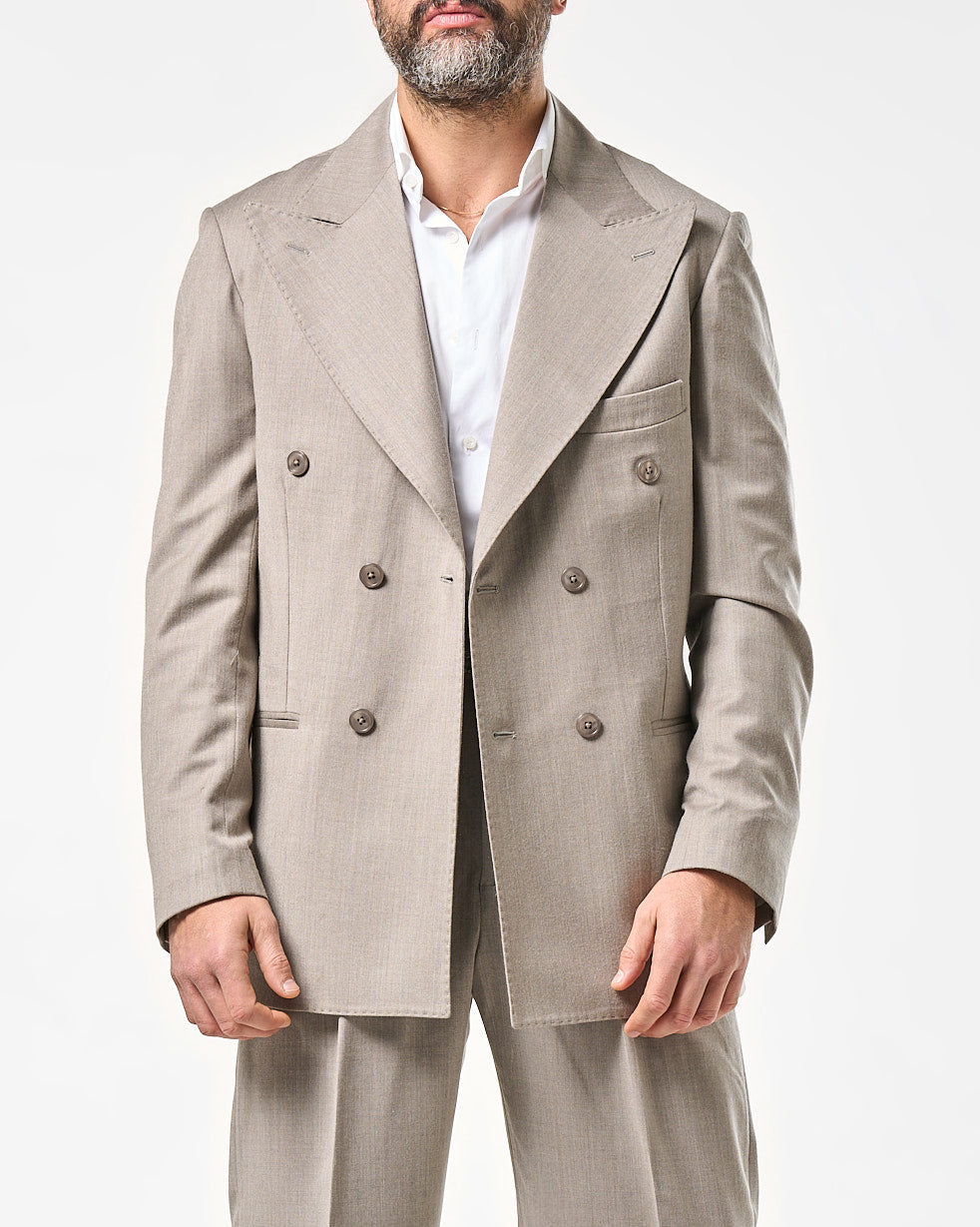 Giacca Doppiopetto in Lana Foulè con Abbottonatura Centrale e Rever a Lancia Sabbia Norcia