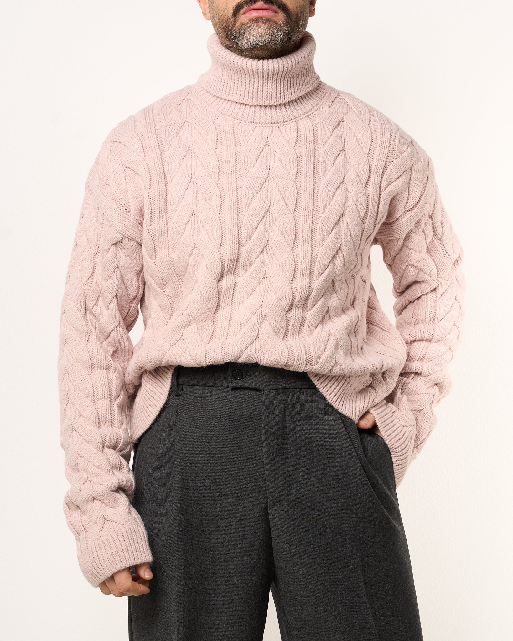 Maglione Treccia Collo Alto Rosa