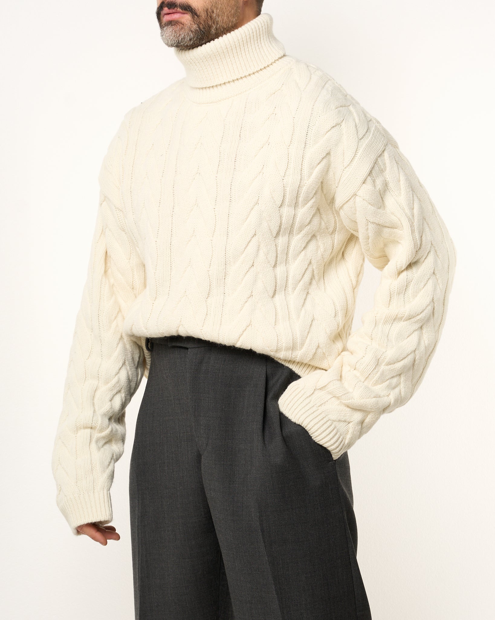 Maglione Treccia Collo Alto Panna