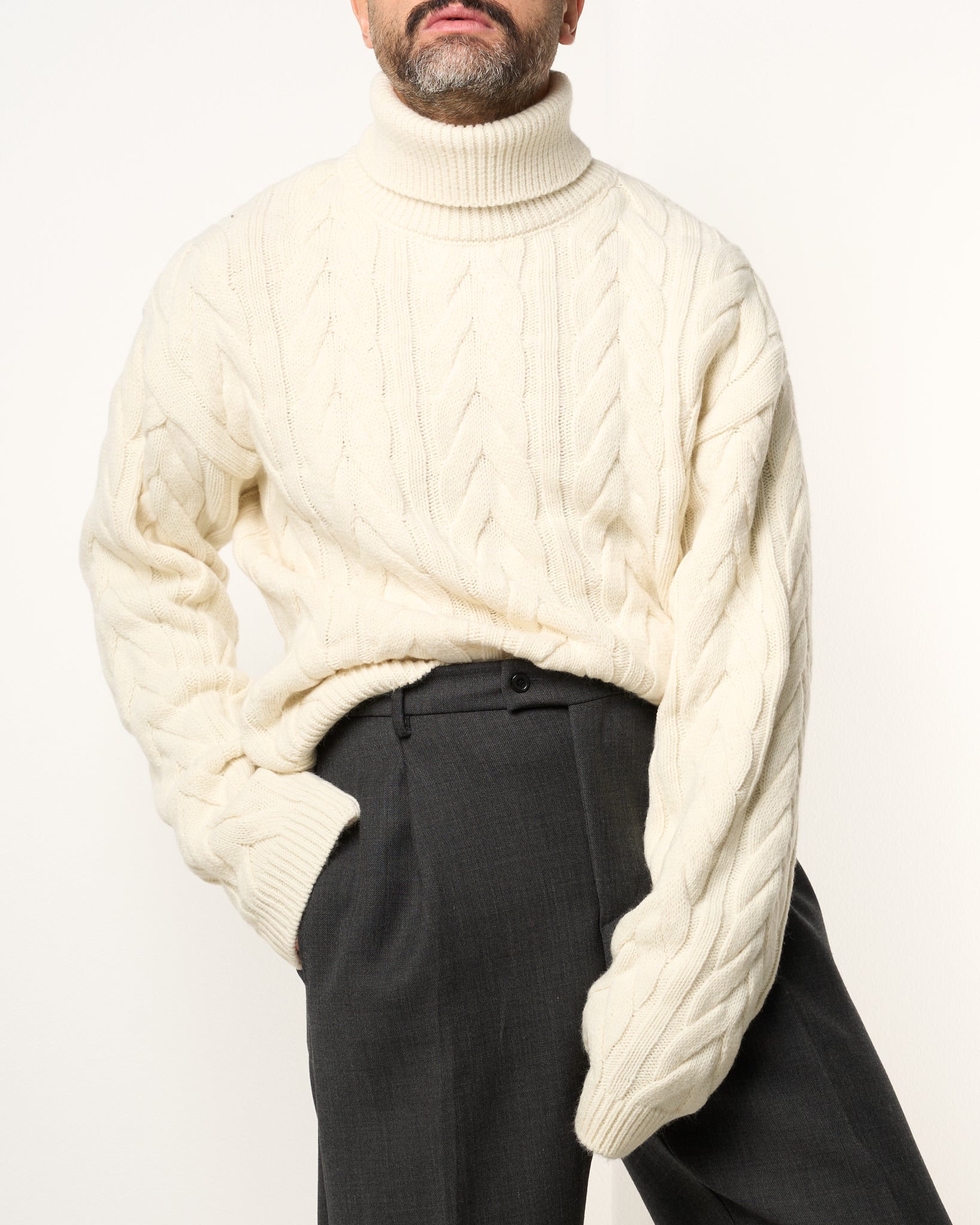 Maglione Treccia Collo Alto Panna