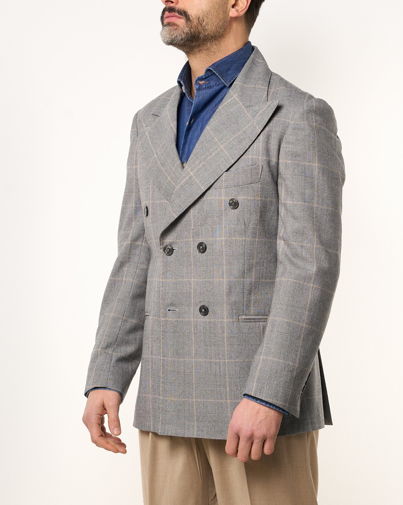 Giacca Doppiopetto Abbottonatura Centrale con Rever a Lancia Principe di Galles Grigio Chiaro