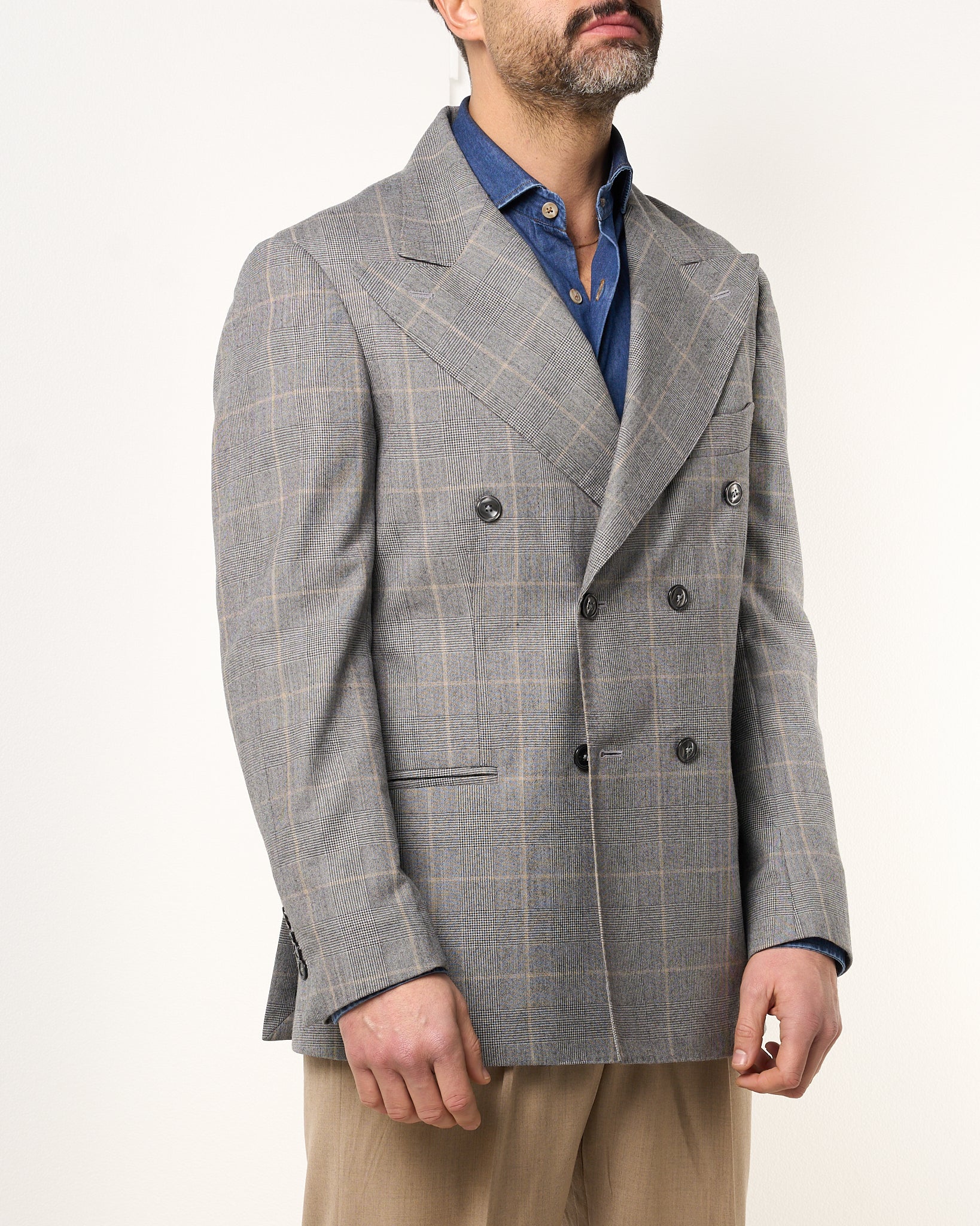 Giacca Doppiopetto Abbottonatura Centrale con Rever a Lancia Principe di Galles Grigio Chiaro