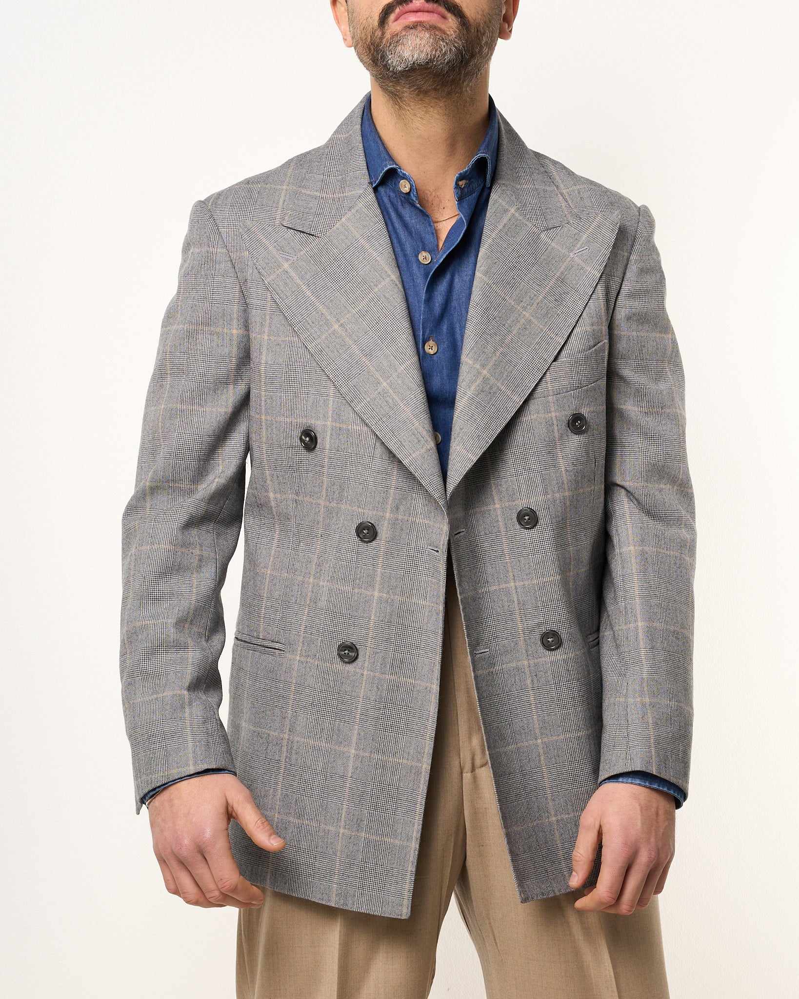 Giacca Doppiopetto Abbottonatura Centrale con Rever a Lancia Principe di Galles Grigio Chiaro