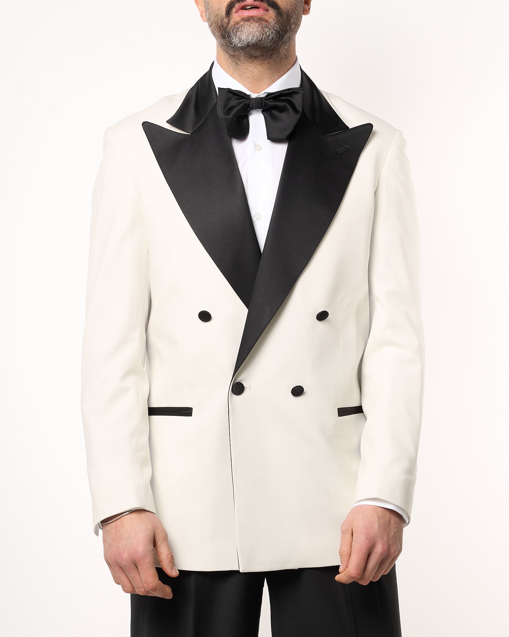 Giacca Smoking Doppiopetto con Rever a Lancia Bianco Opaco