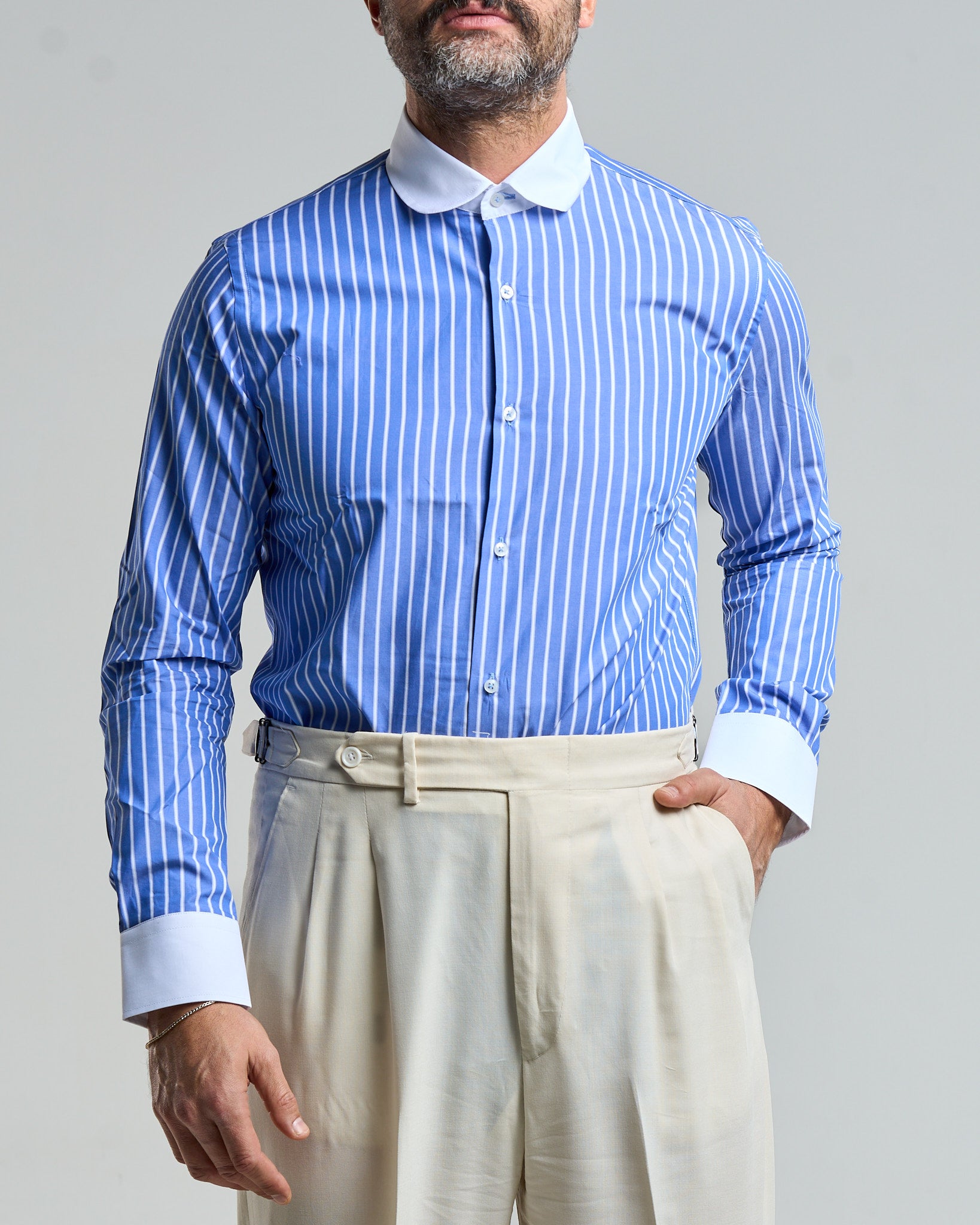 Camicia Collo a Contrasto Blu Riga Bianca