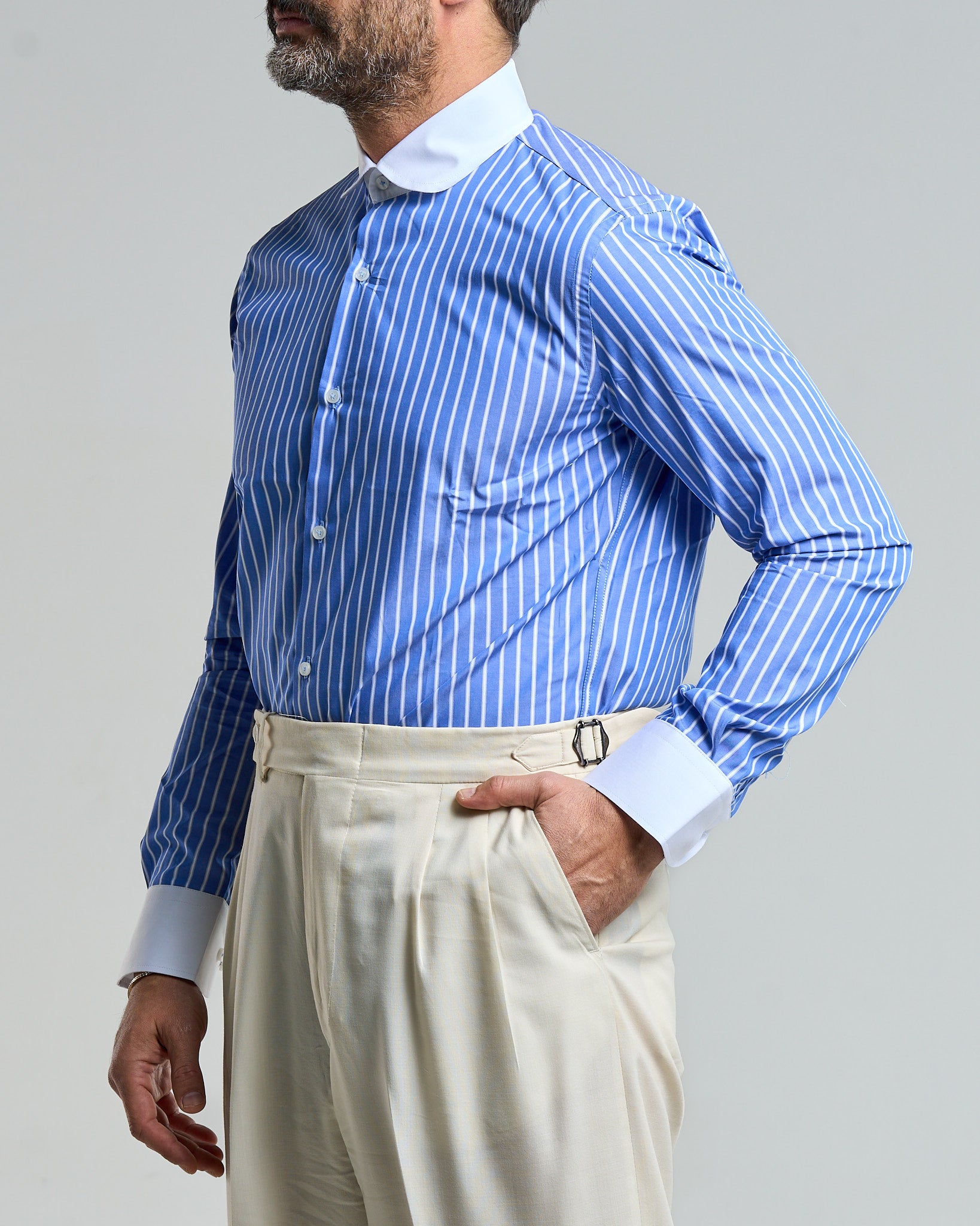 Camicia Collo a Contrasto Blu Riga Bianca