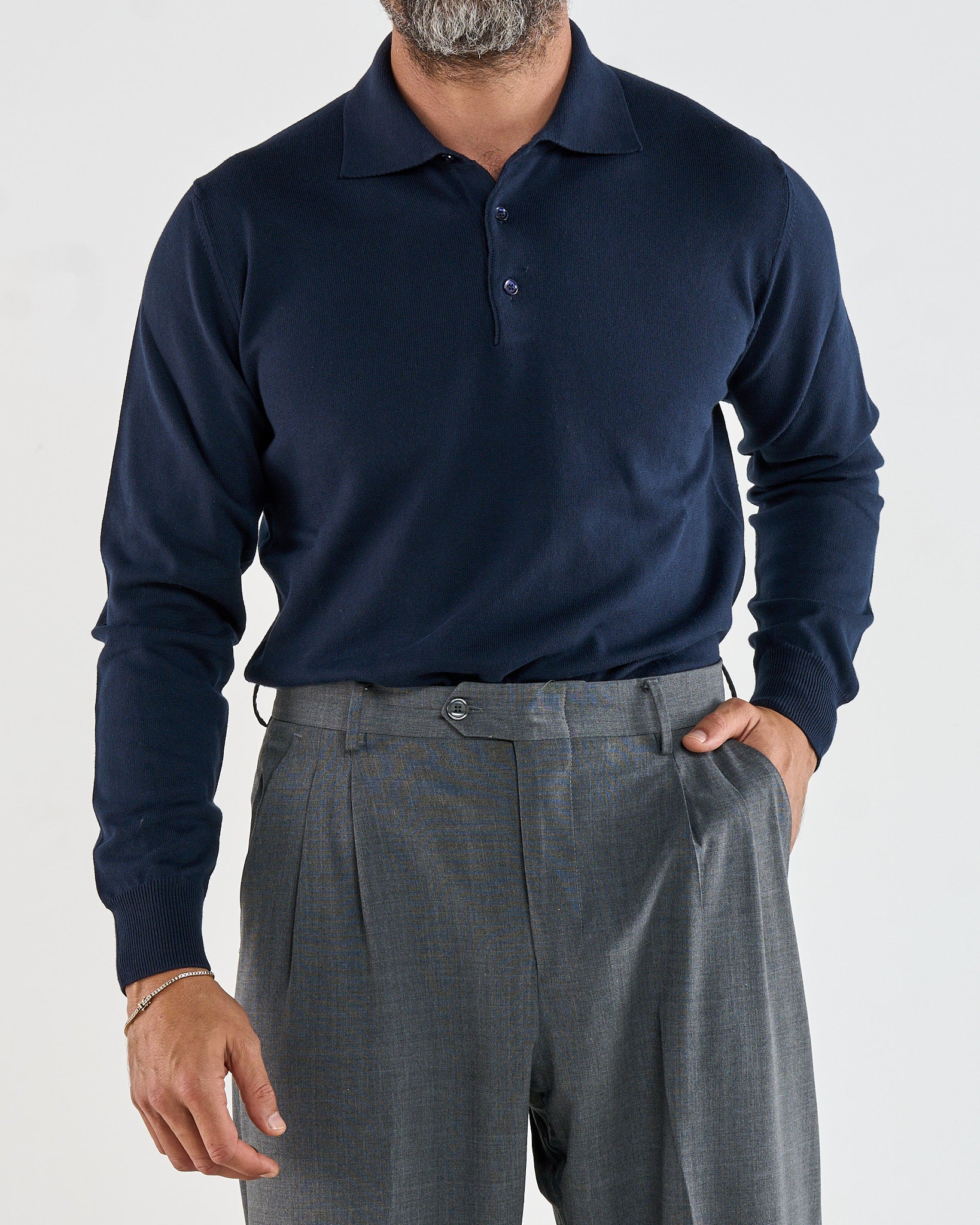 Polo Manica Lunga Tre Bottoni Blu