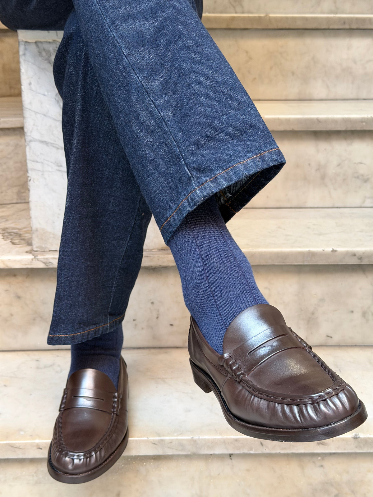 Calza in lana e cashmere a costa larga Blu