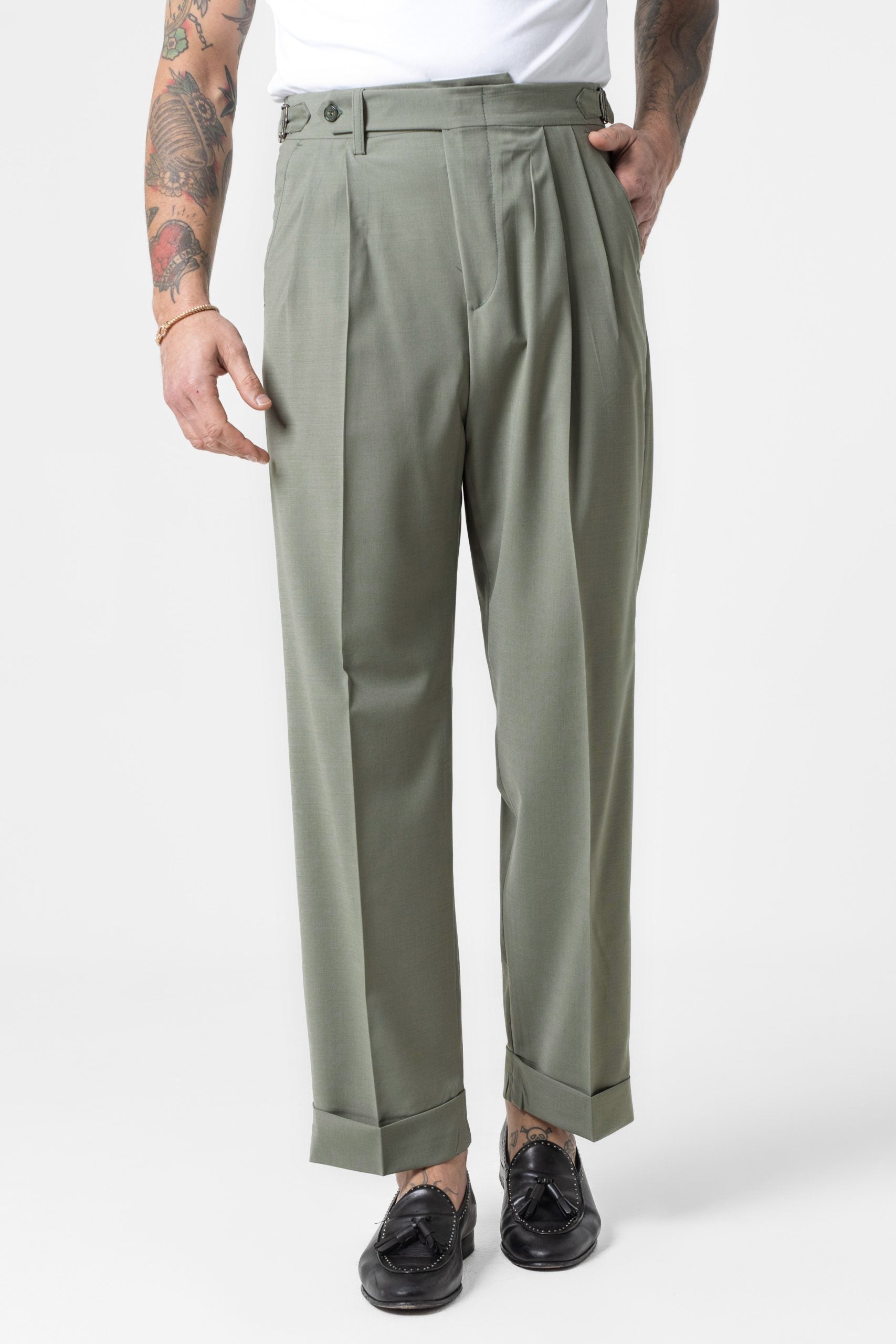 Pantalones de corte ancho color verde oliva con hebillas laterales Ischia