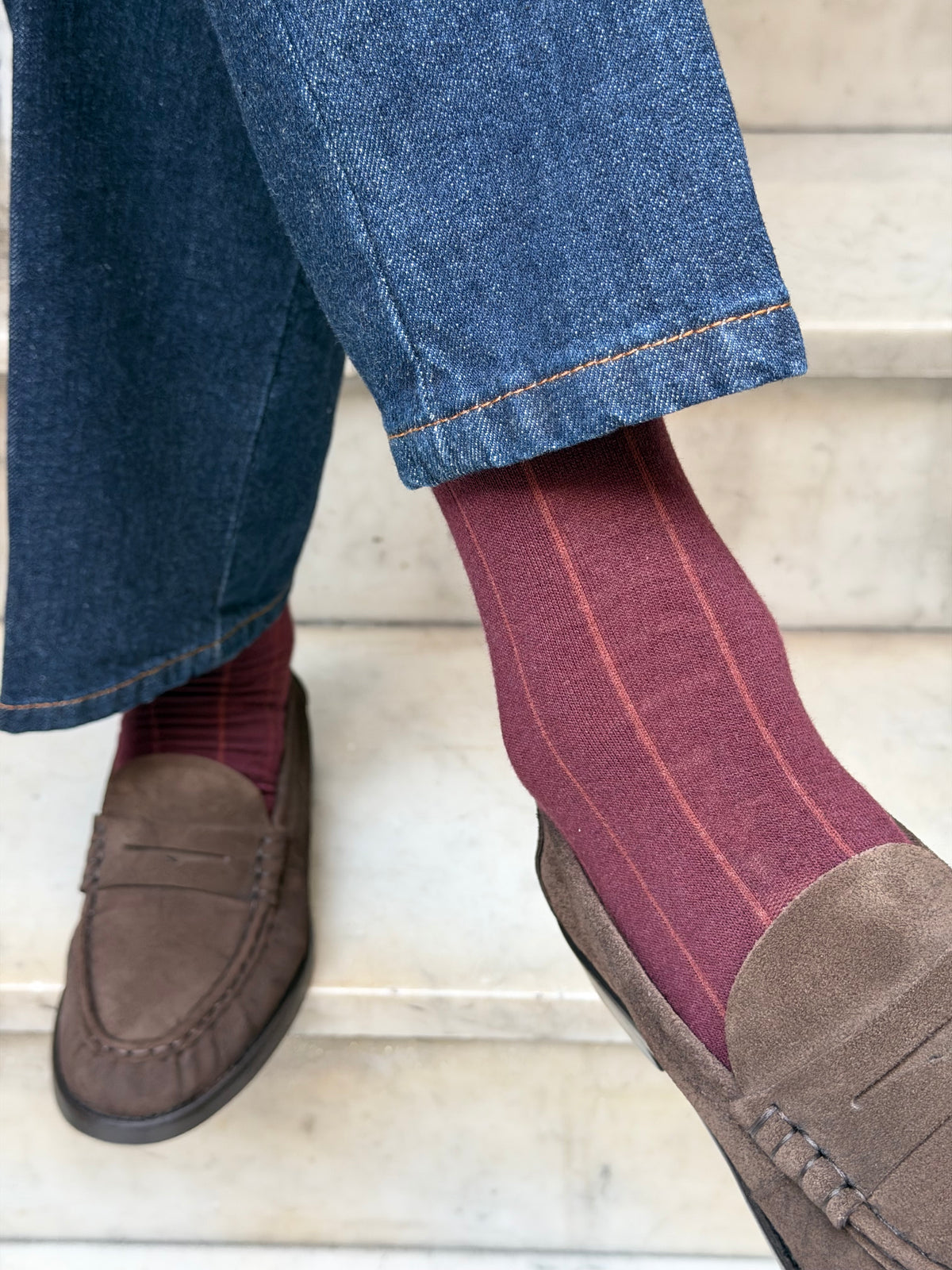 Calza Cashmere e cotone a riga larga Bordeaux