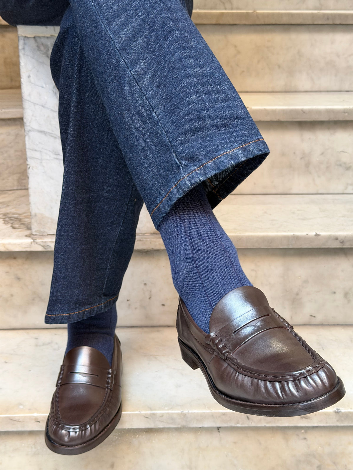 Calza in lana e cashmere a costa larga Blu