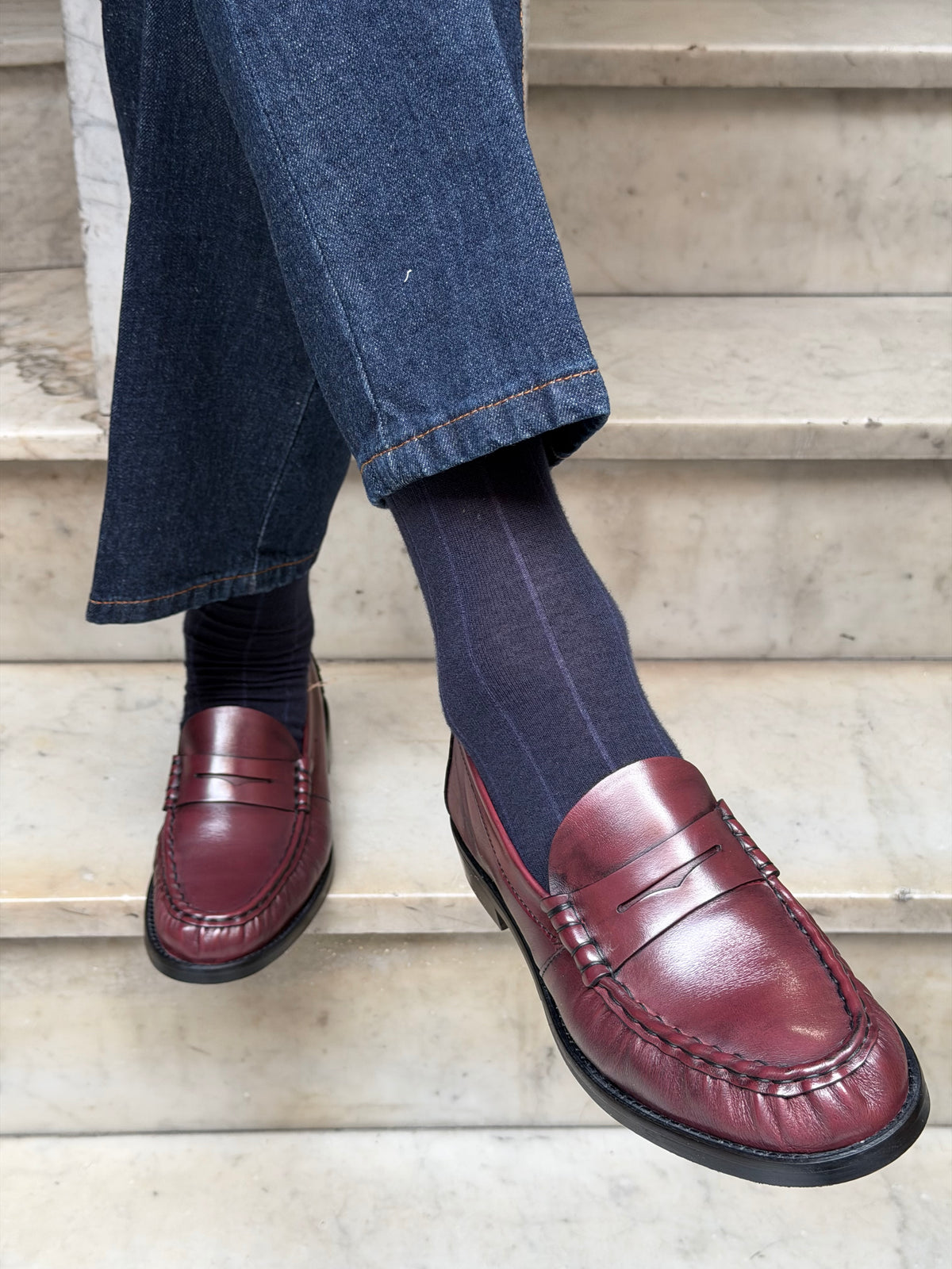 Calza Cashmere e cotone a riga larga Blu