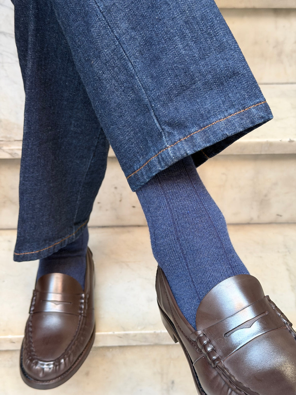 Calza in lana e cashmere a costa larga Blu