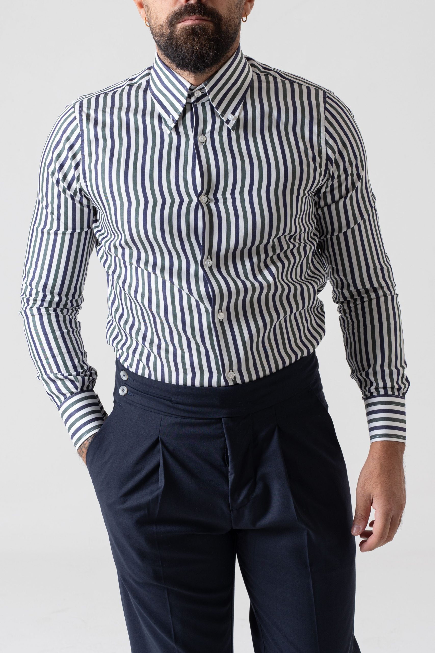 Camicia Riga Larga Verde e Blu con collo Button Down