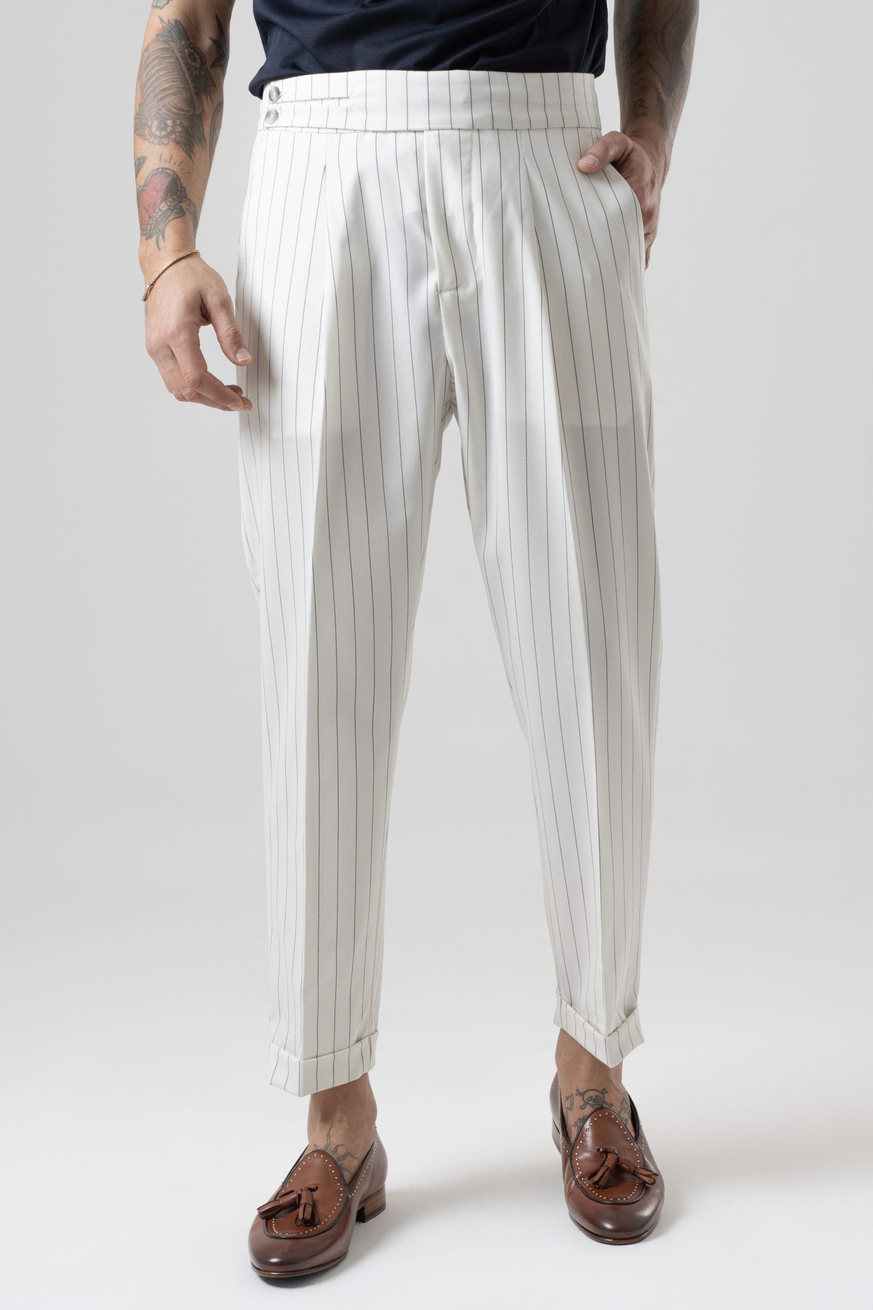 Pantalone Biforcato Panna Riga Blu Riviera