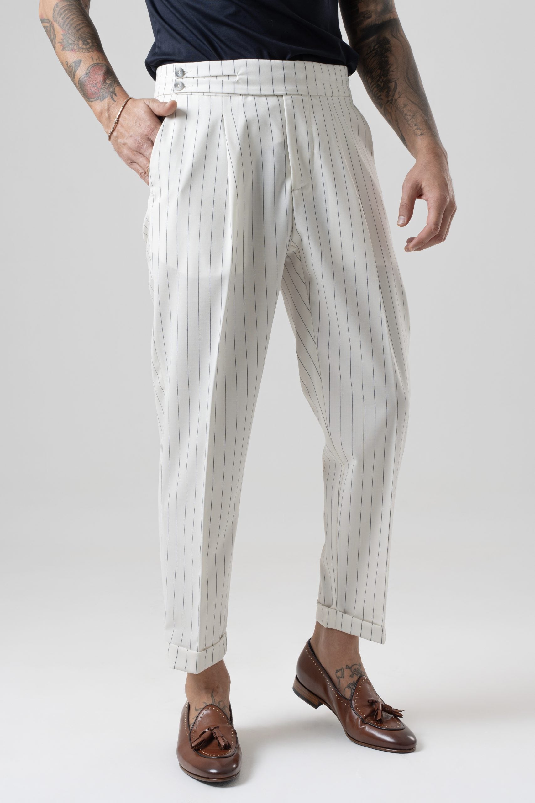 Pantalone Biforcato Panna Riga Blu Riviera