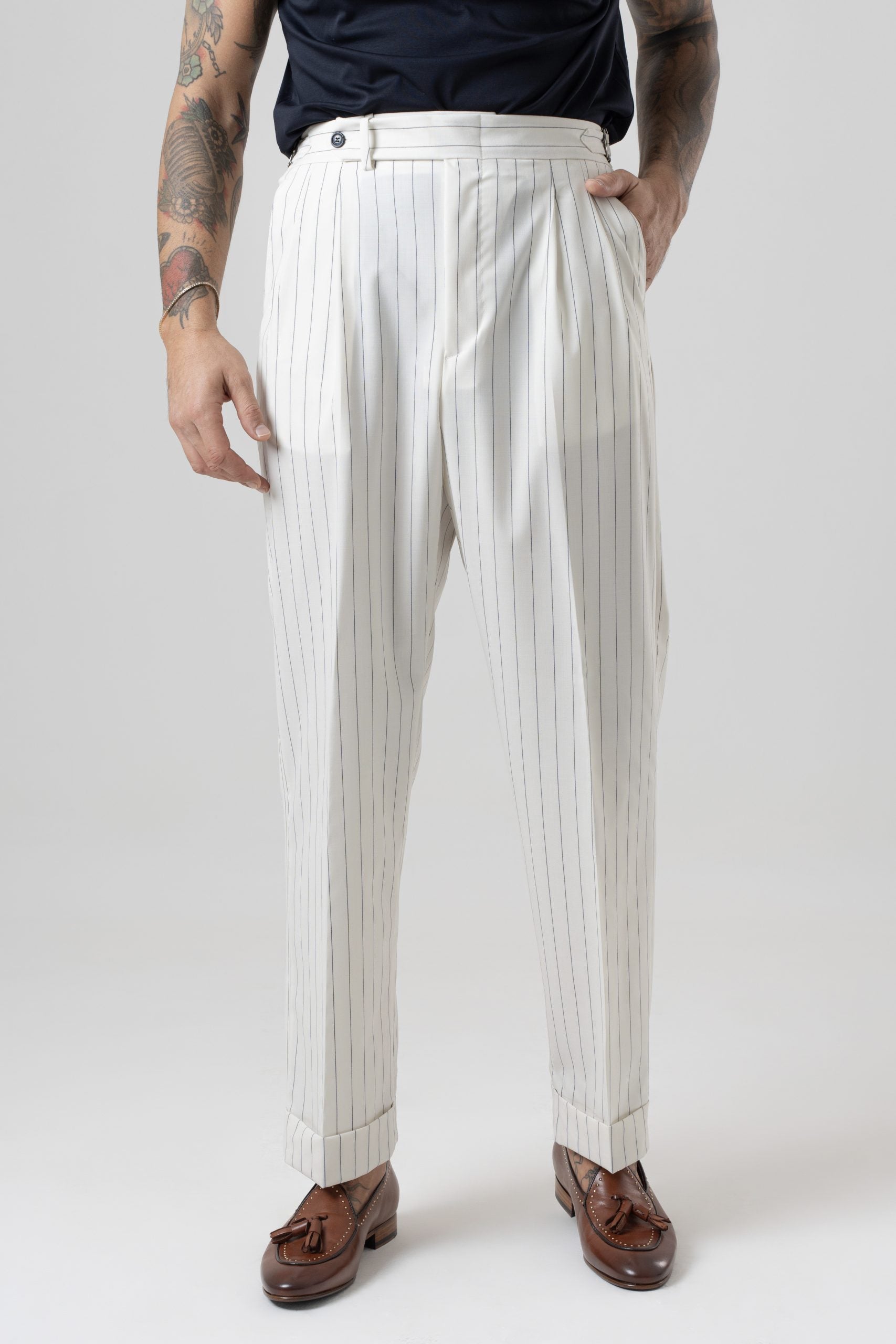 Pantalone Fondo Ampio e Fibbie Laterali Panna Riga Blu Riviera