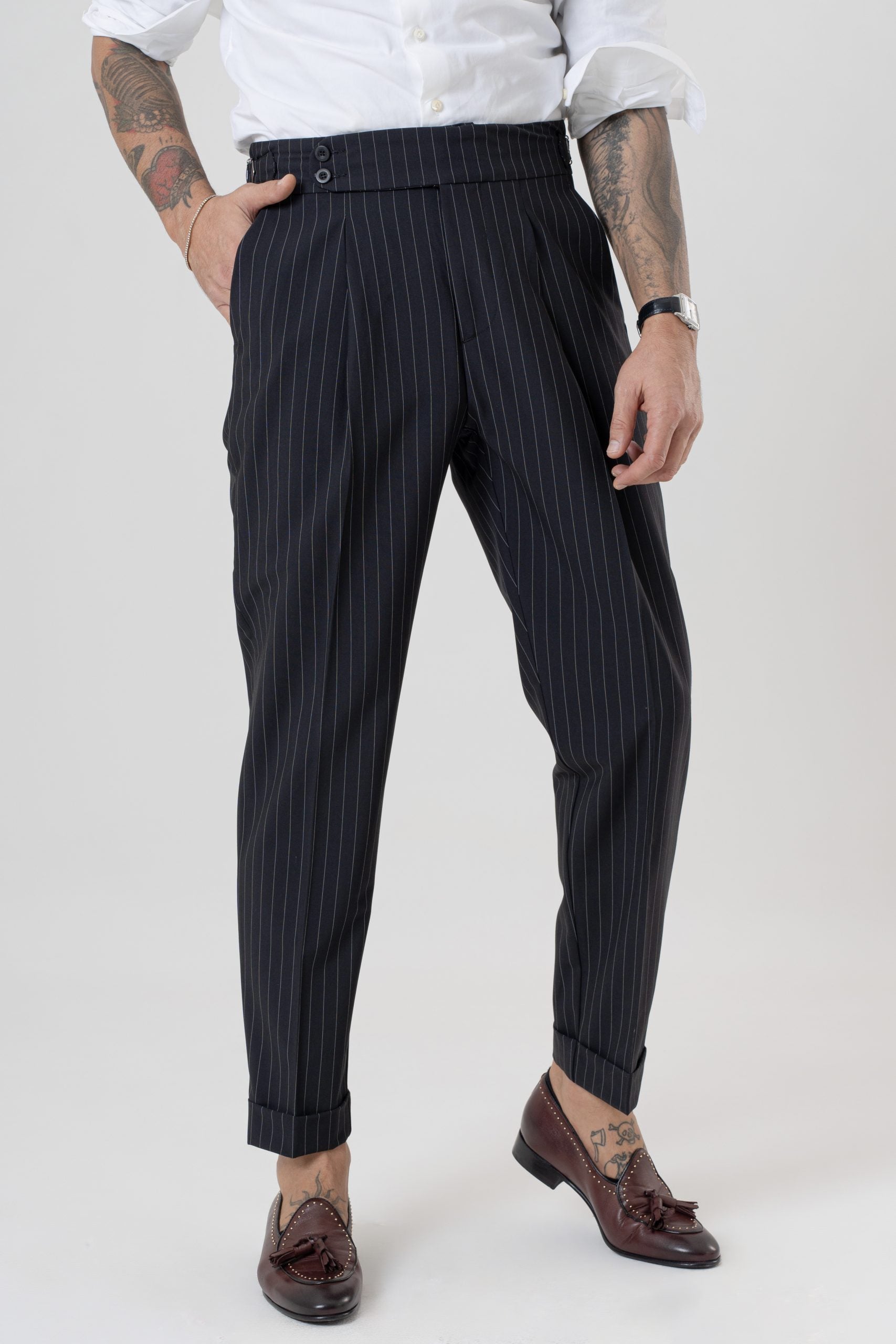Pantalone con Bustino Tondo Gessato Blu Manhattan