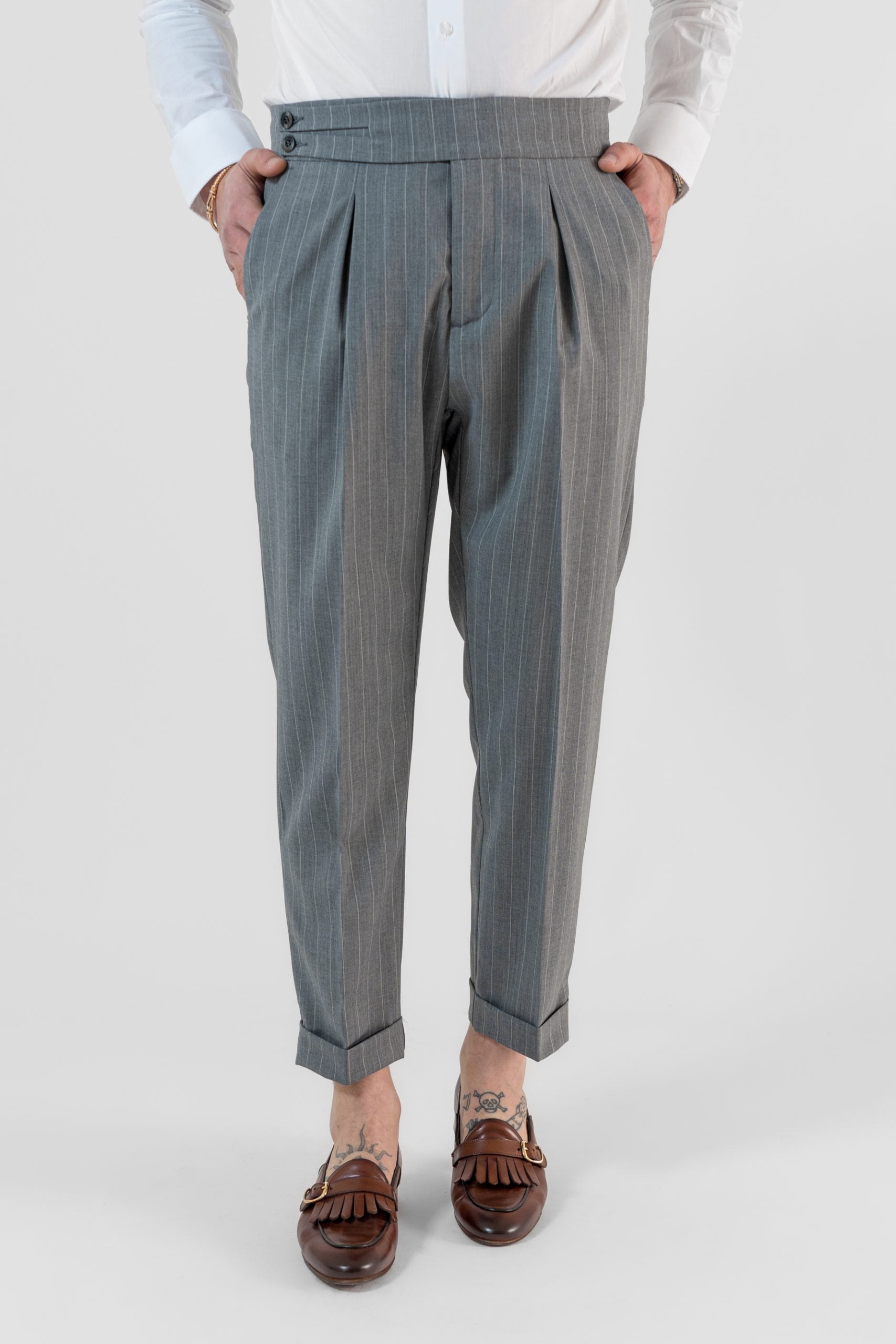 Pantalone Biforcato Grigio Gessato Milano Marittima