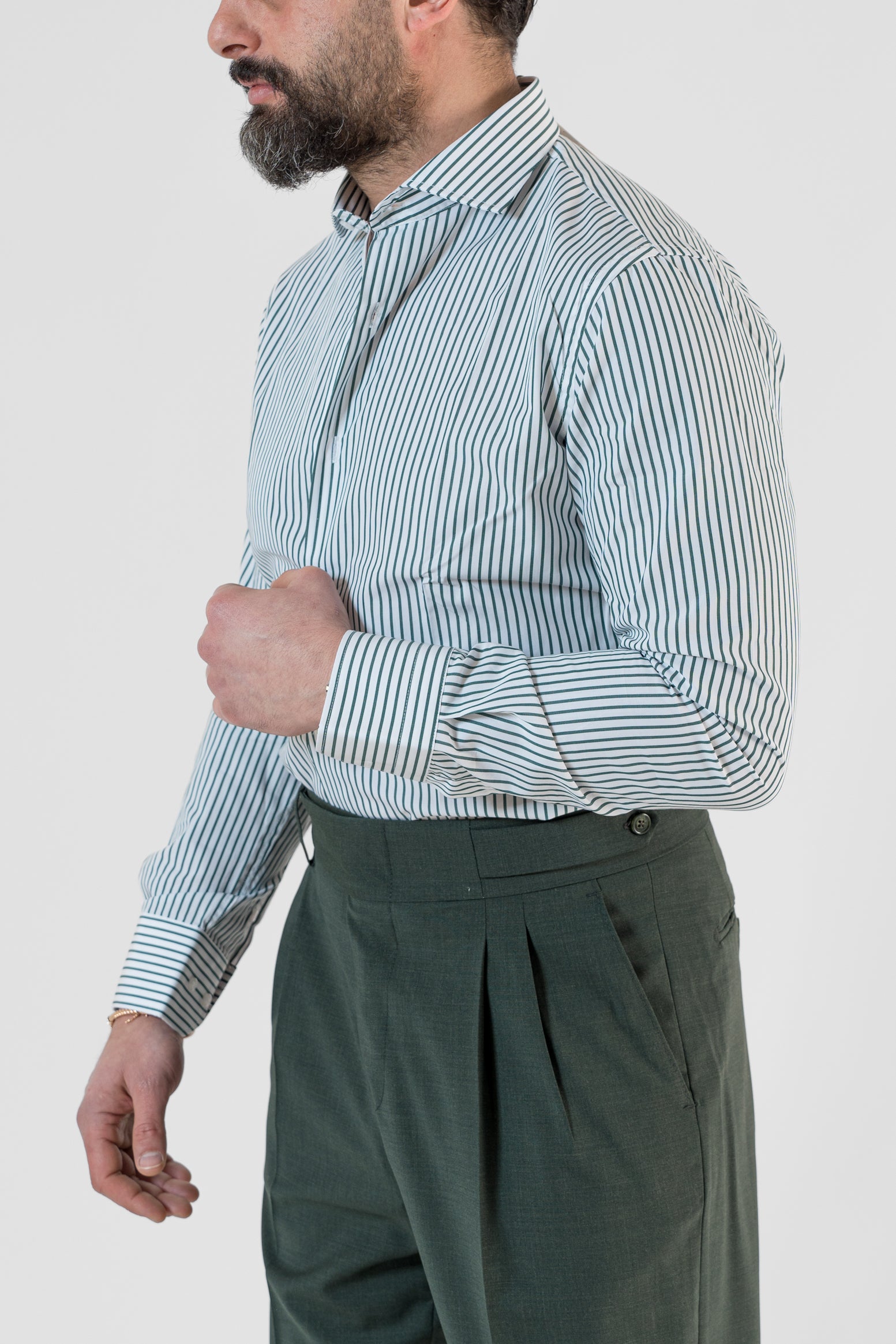 Camicia Collo Francese Riga Verde Scuro