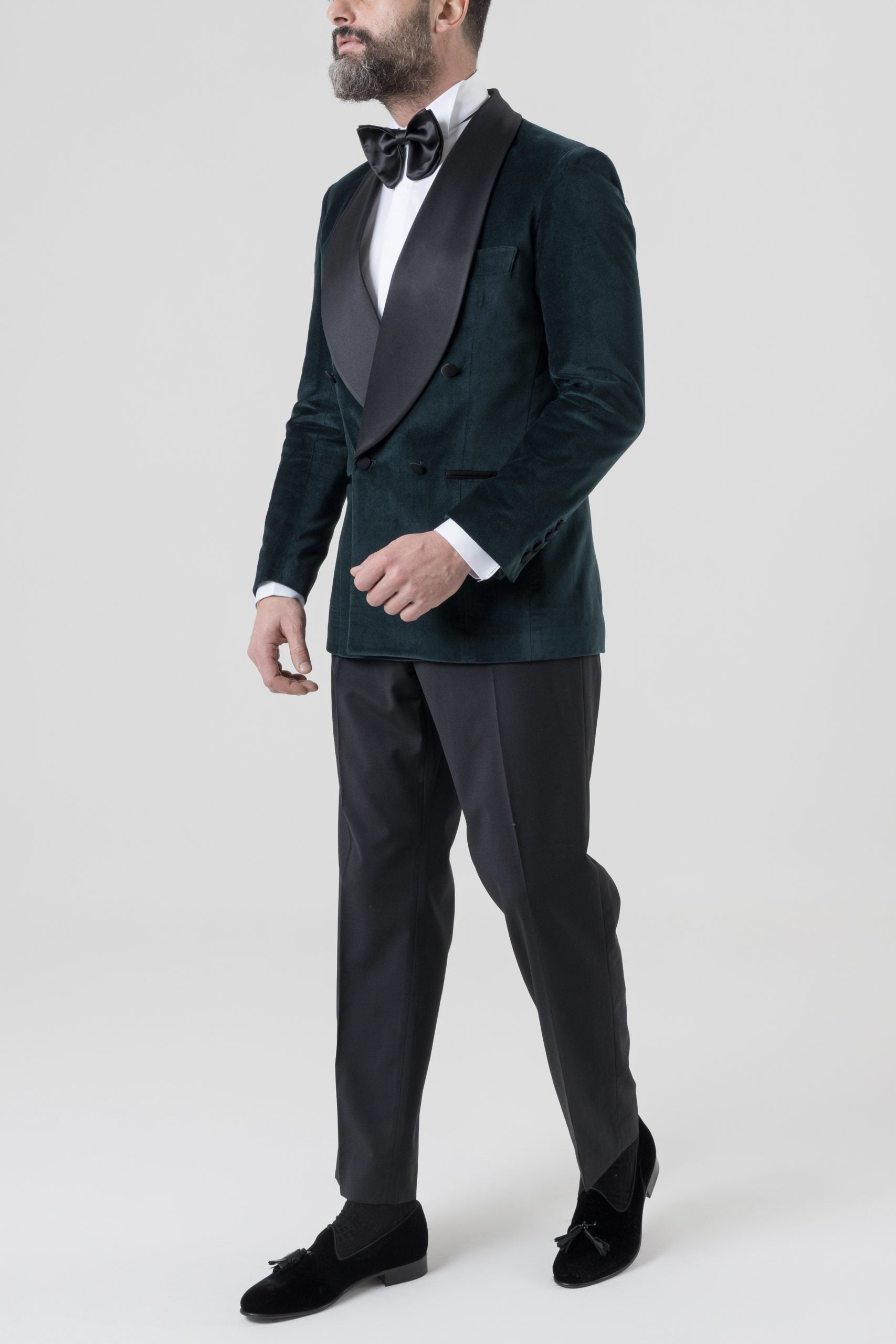 Giacca Smoking Doppiopetto con Rever a Scialle in Velluto Verde