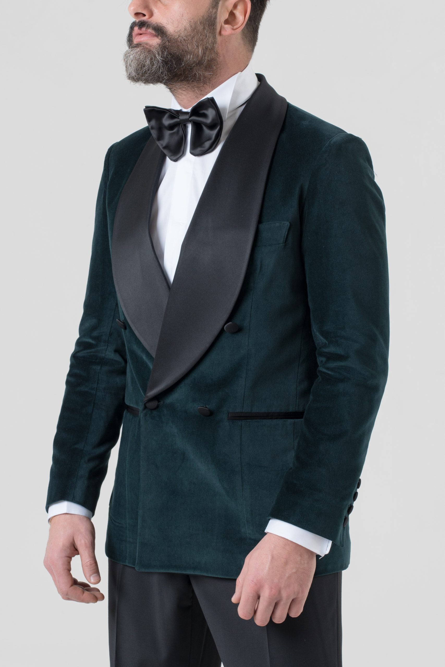 Giacca Smoking Doppiopetto con Rever a Scialle in Velluto Verde