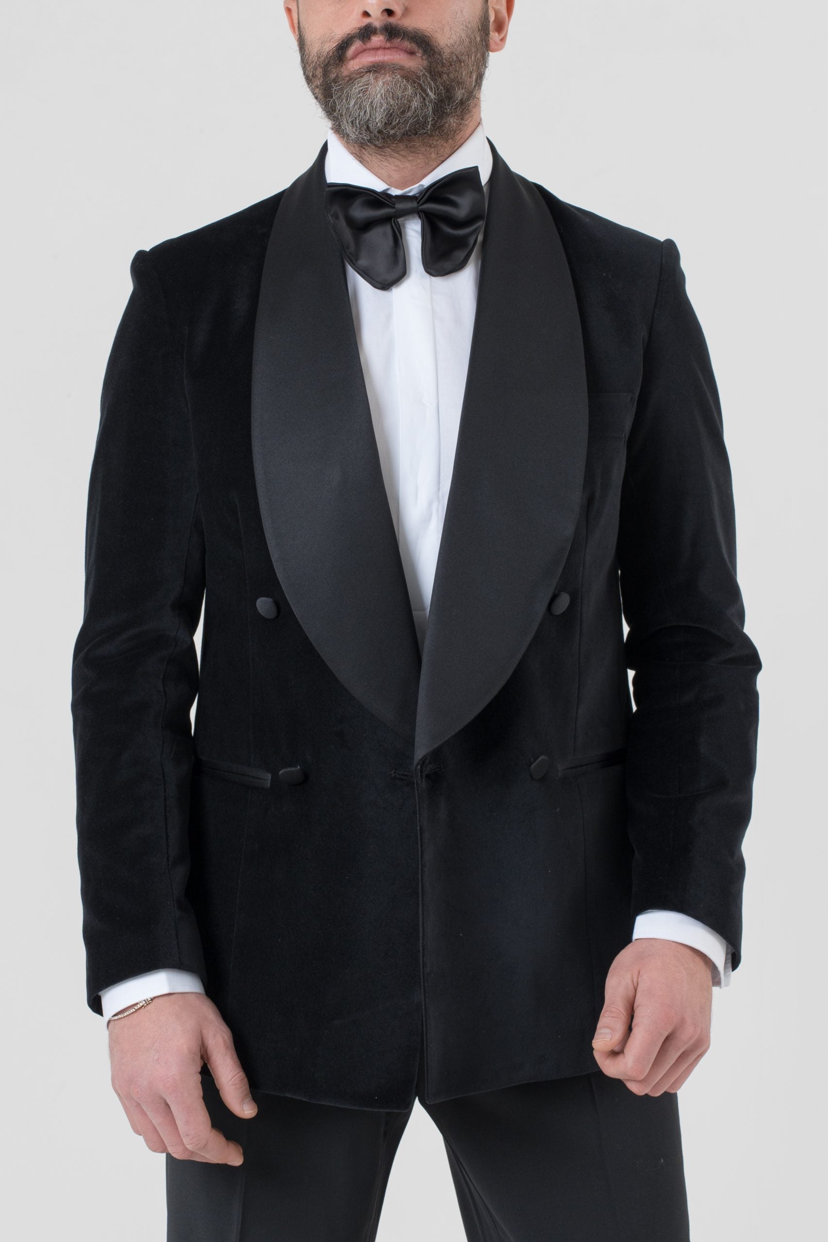 Giacca Smoking Doppiopetto con Rever a Scialle in Velluto Nero