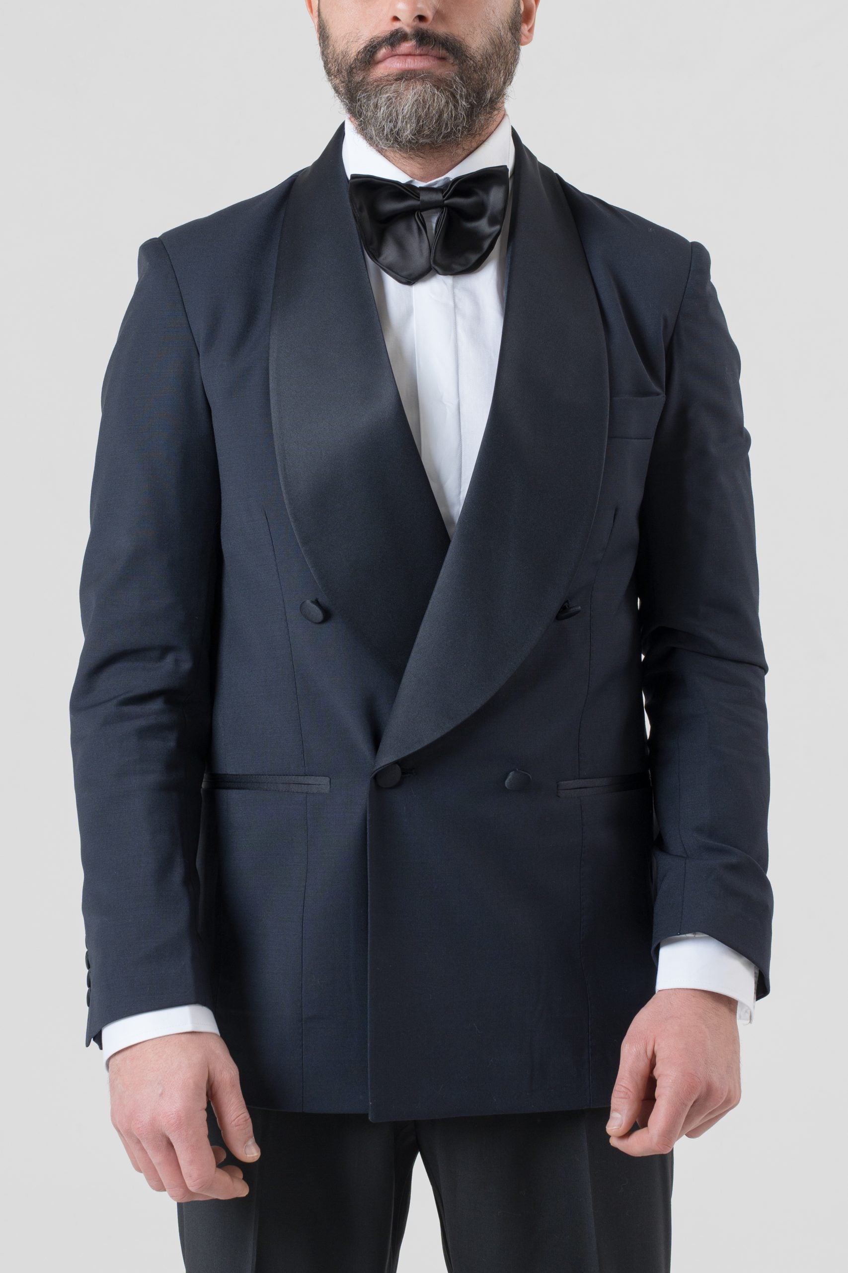 Giacca Smoking Doppiopetto con Rever a Scialle Blu