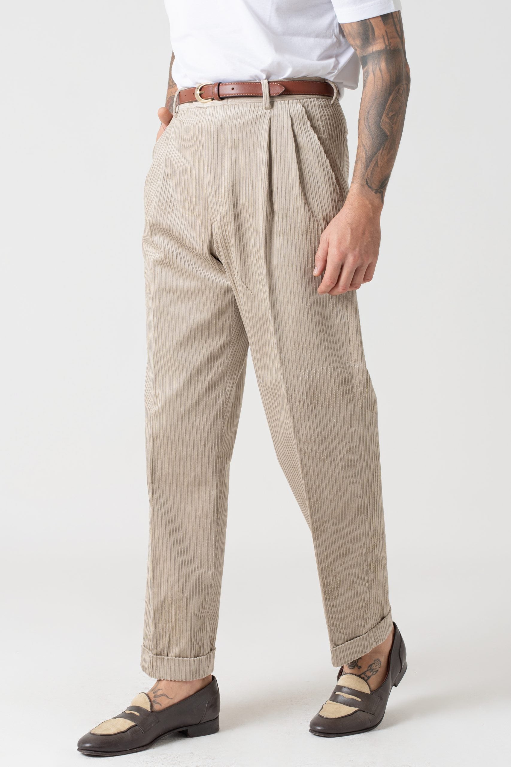 Pantalone in Velluto a Coste Fondo Ampio con Passanti Beige