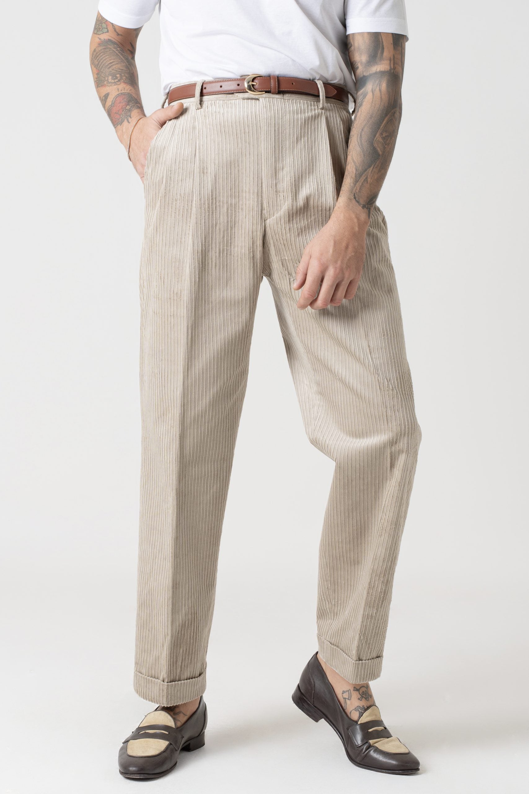 Pantalone in Velluto a Coste Fondo Ampio con Passanti Beige