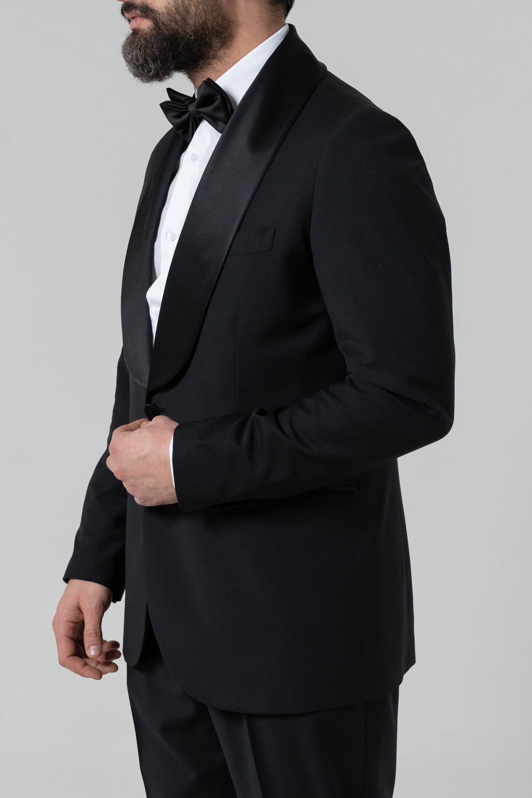 Chaqueta de esmoquin negra de un solo botón con solapa de chal