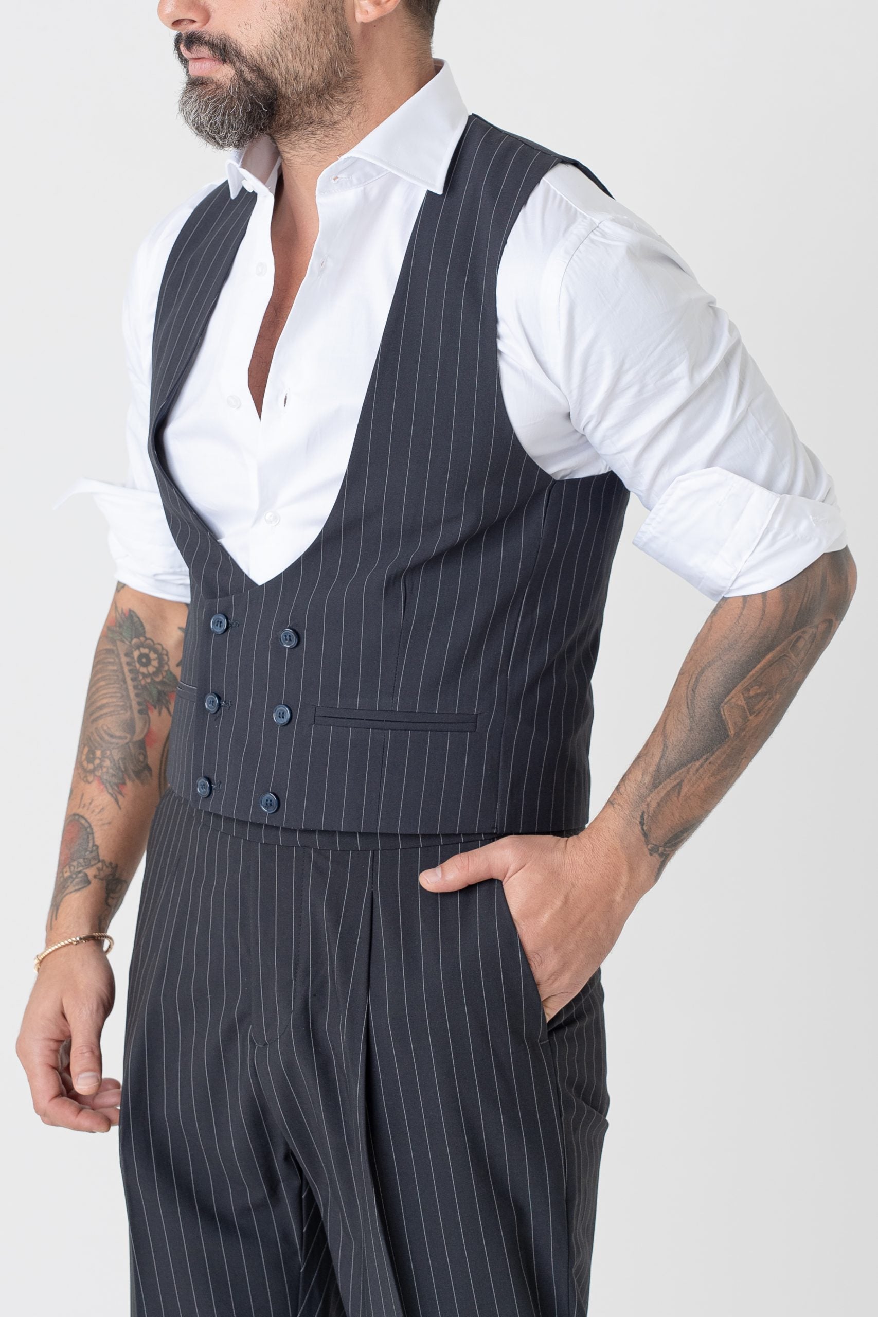 Panciotto Doppiopetto Gessato Blu Manhattan